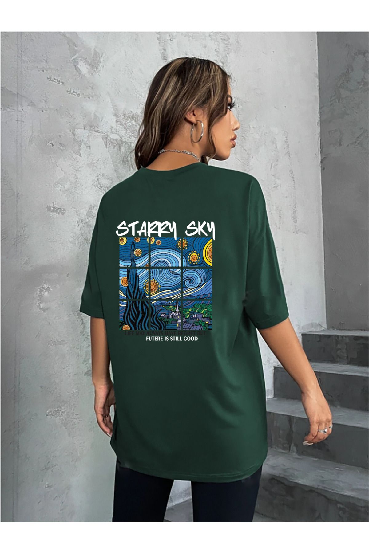 qavnas Unisex Starry SKY Baskılı Rahat Kesim Yeşil T-Shirt