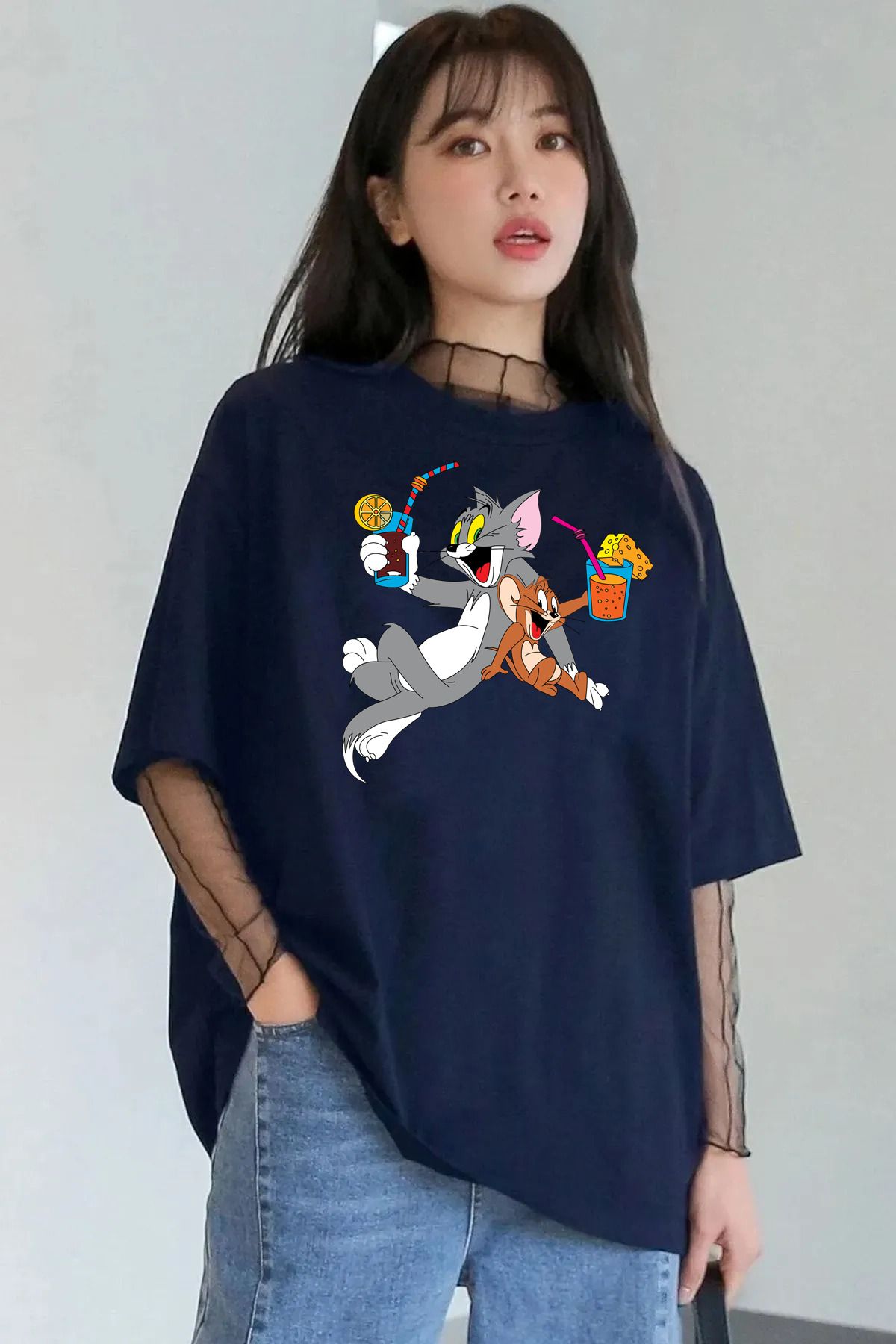 halowear Unisex Tom and Mickey Baskılı Rahat Kesim Lacivert T-Shirt