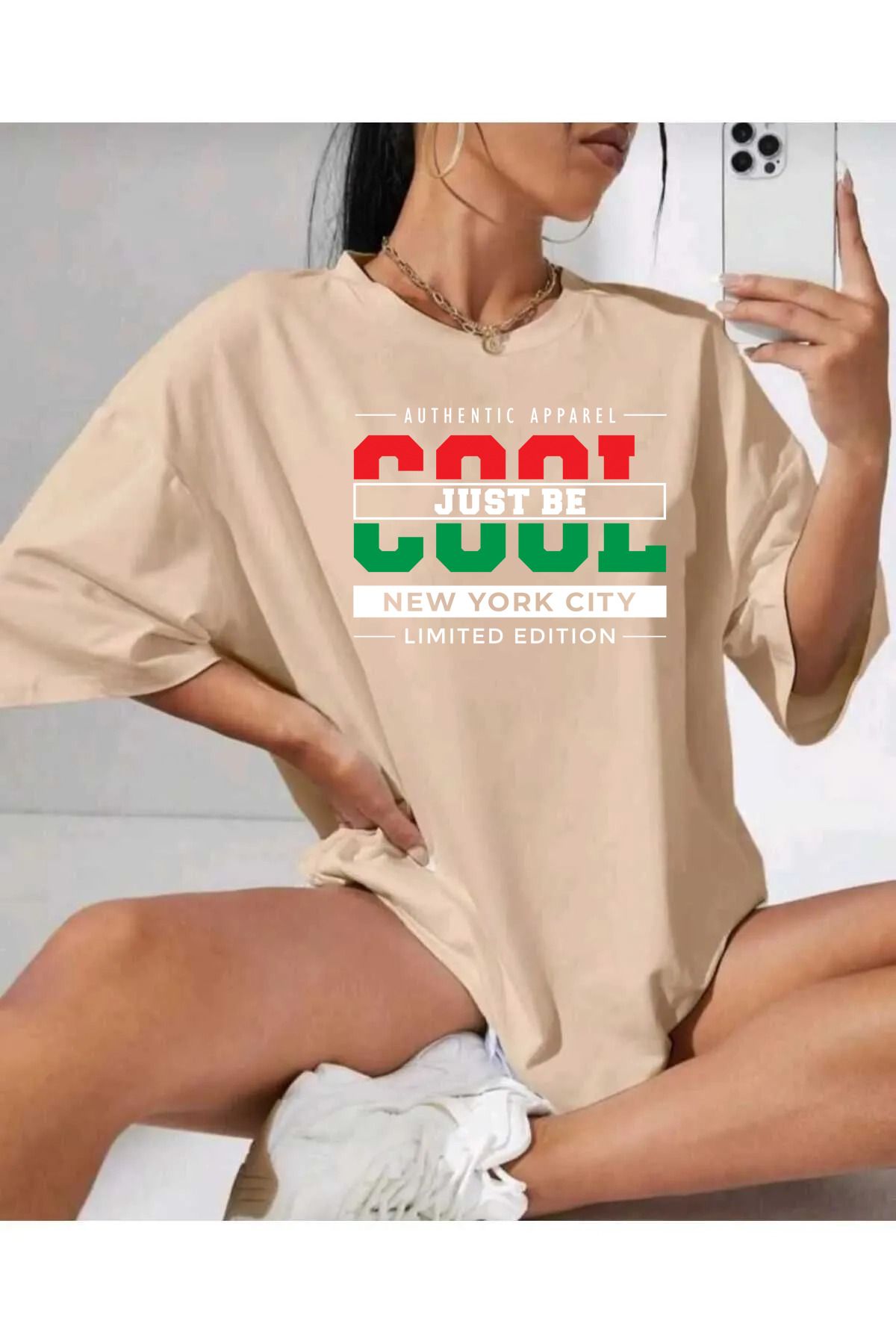 memowear Unisex Cool Just Be Baskılı Rahat Kesim Bej T-Shirt