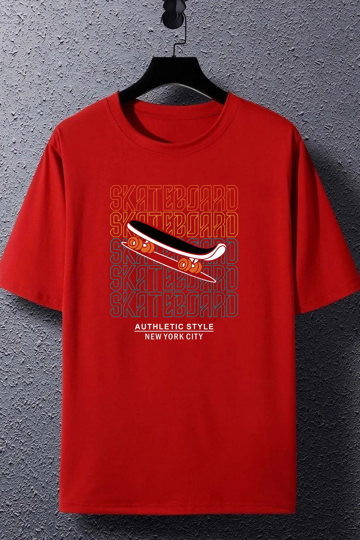 qavnas Unisex Skate Baskılı Rahat Kesim Kırmızı T-Shirt