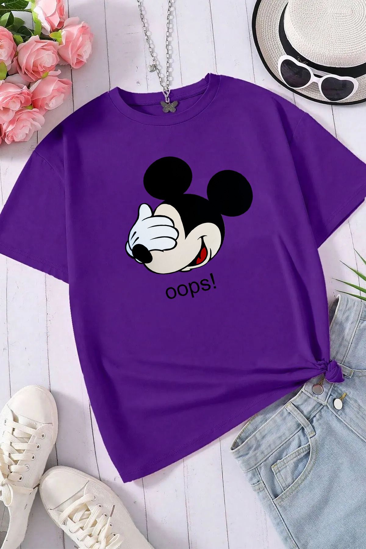 qavnas Unisex Oops! Baskılı Rahat Kesim Mor T-Shirt