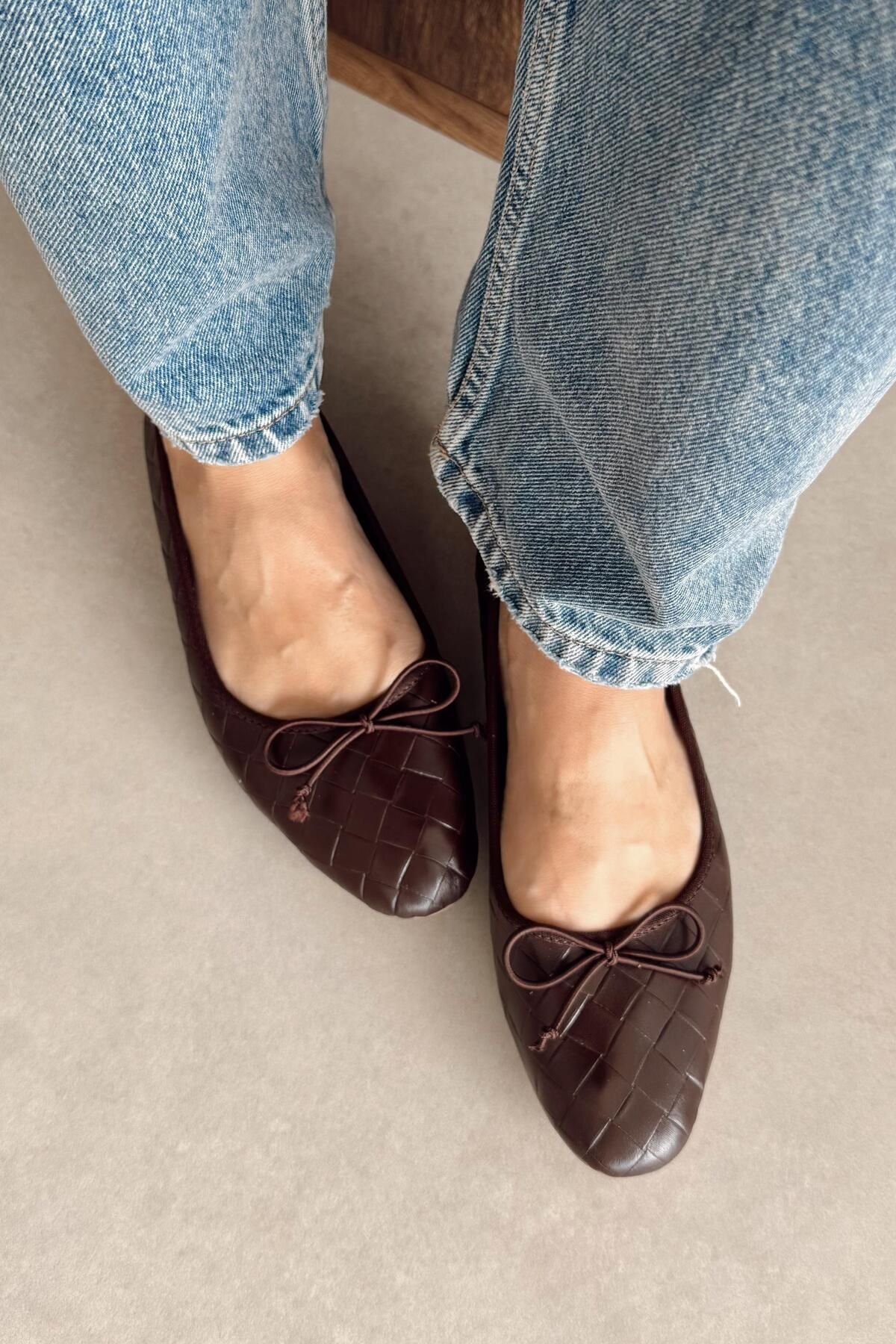 nope21shoess Glamor Kahverengi Hakiki Deri Babet