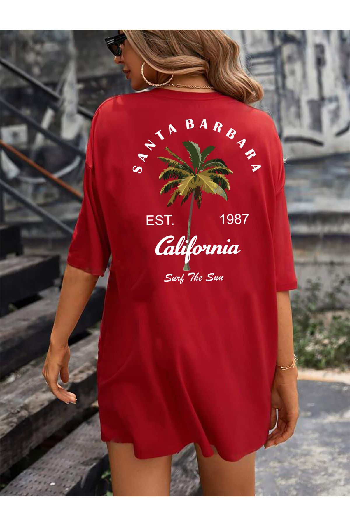 halowear Unisex Santa Barbara Baskılı Rahat Kesim Kırmızı T-Shirt