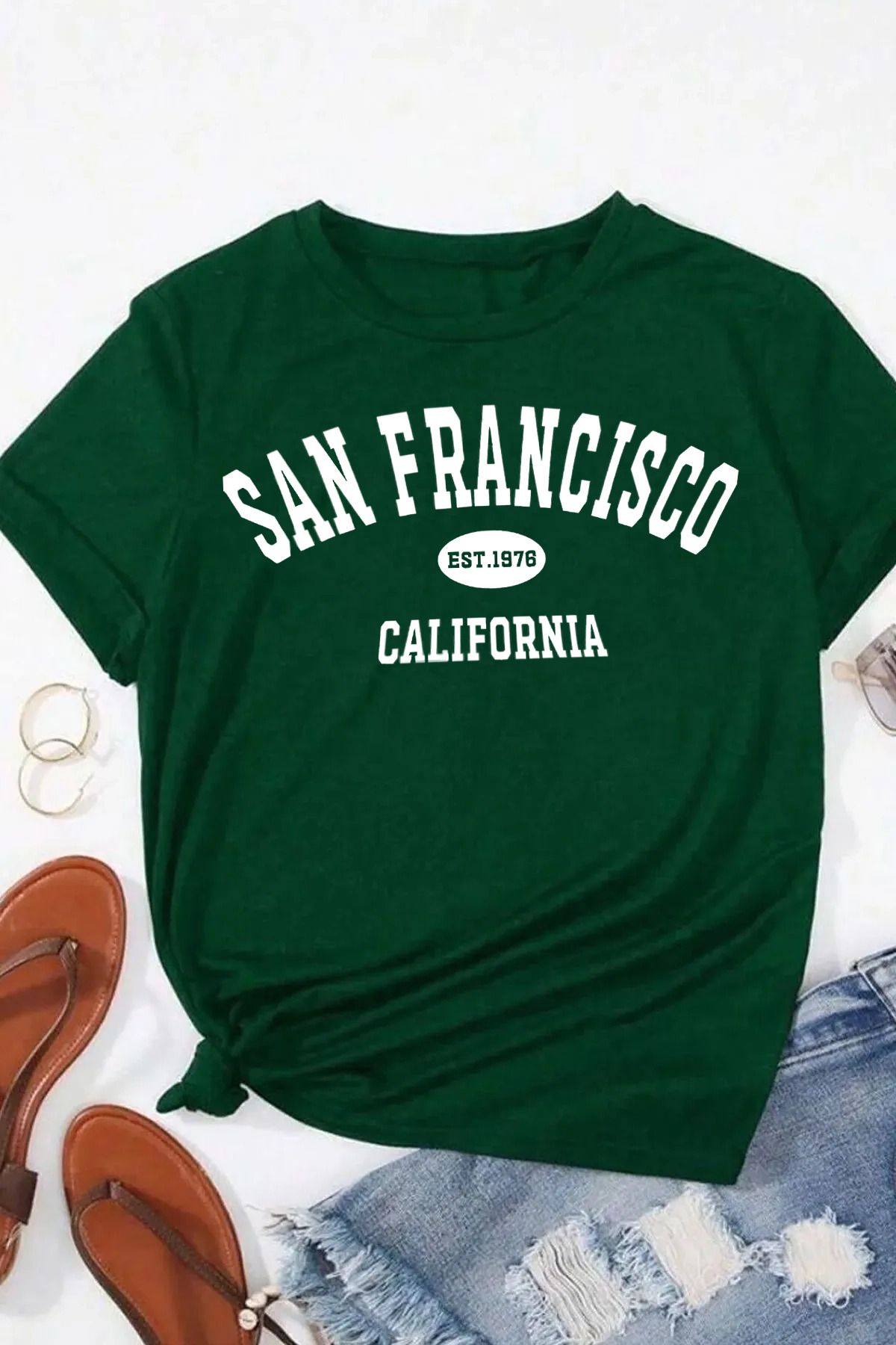 memowear Unisex San Fransisco Baskılı Rahat Kesim Yeşil T-Shirt
