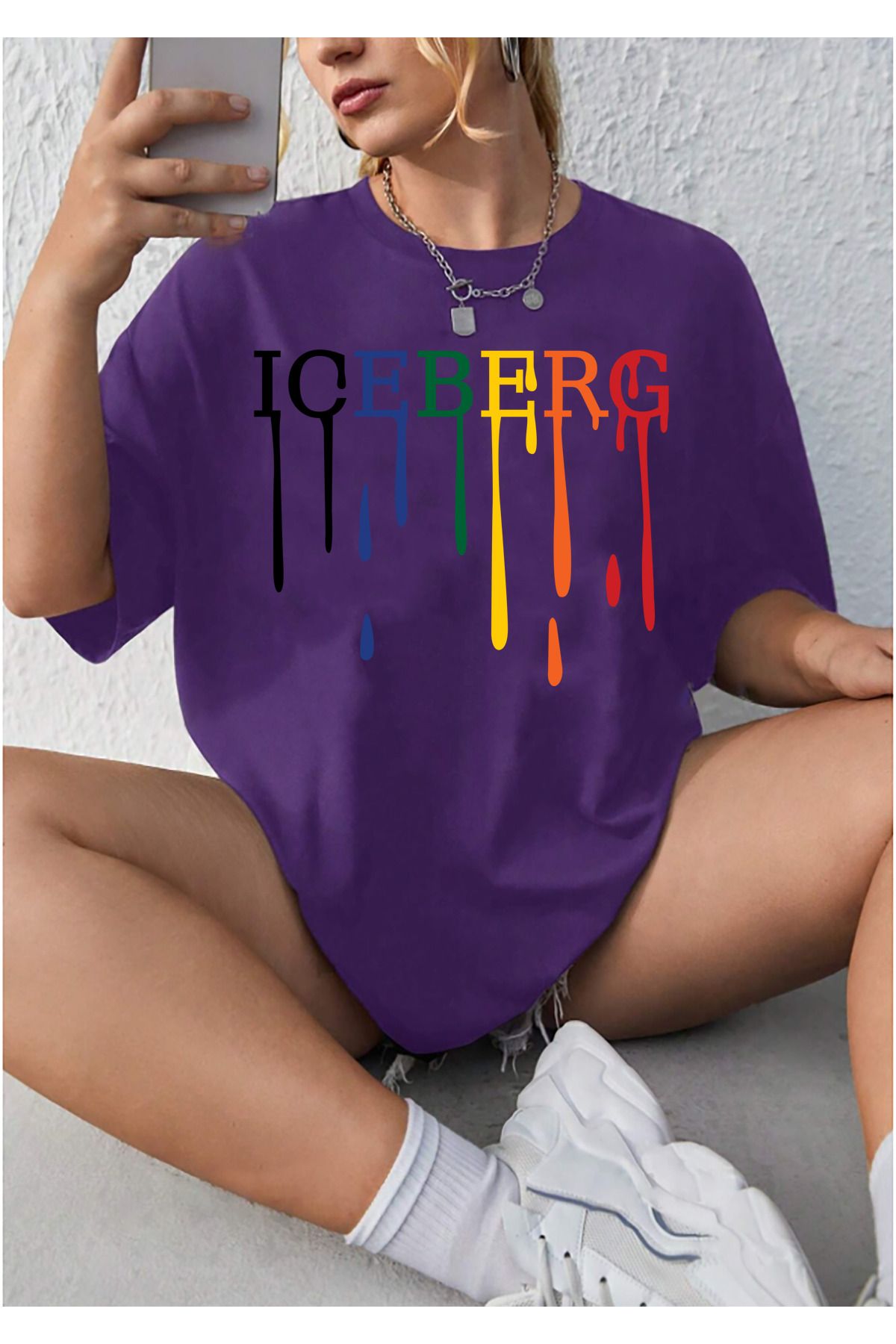 memowear Unisex İceberg Baskılı Rahat Kesim Mor T-Shirt