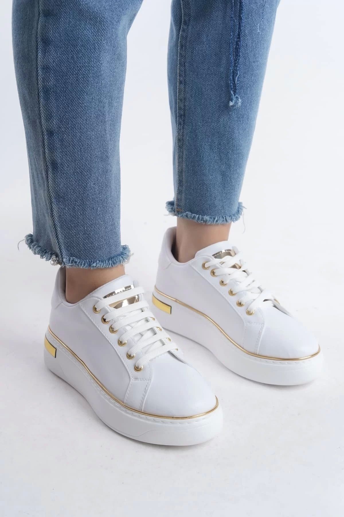 BİCANS MINA Bağcıklı Ortopedik Taban Kadın Sneaker Spor Ayakkabı BT - Beyaz/Altın