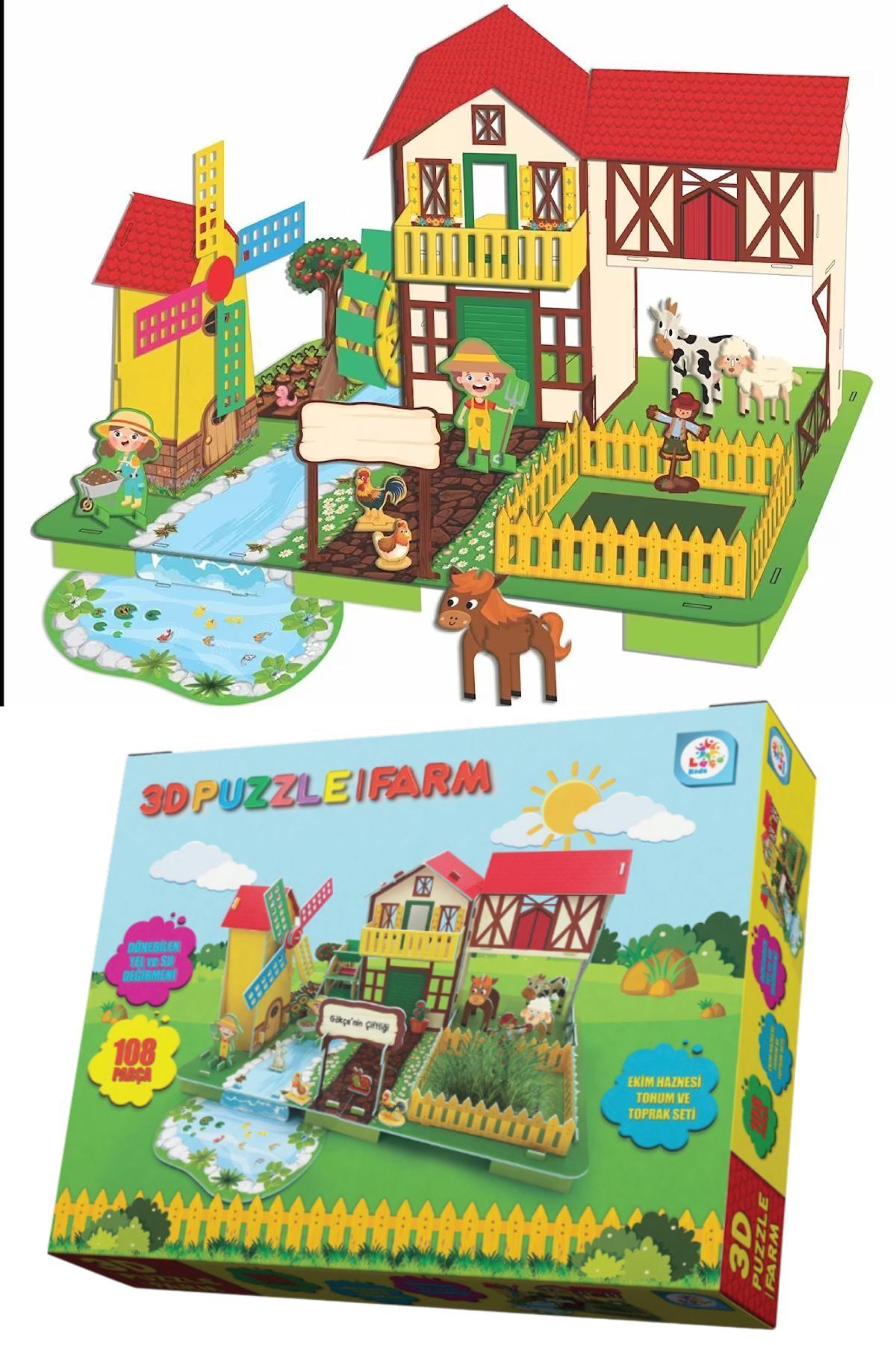 TOYFEST 3D Puzzle Farm - Eğitici Çiftlik Temalı Yapboz ve Ekim Seti (108 Parça)