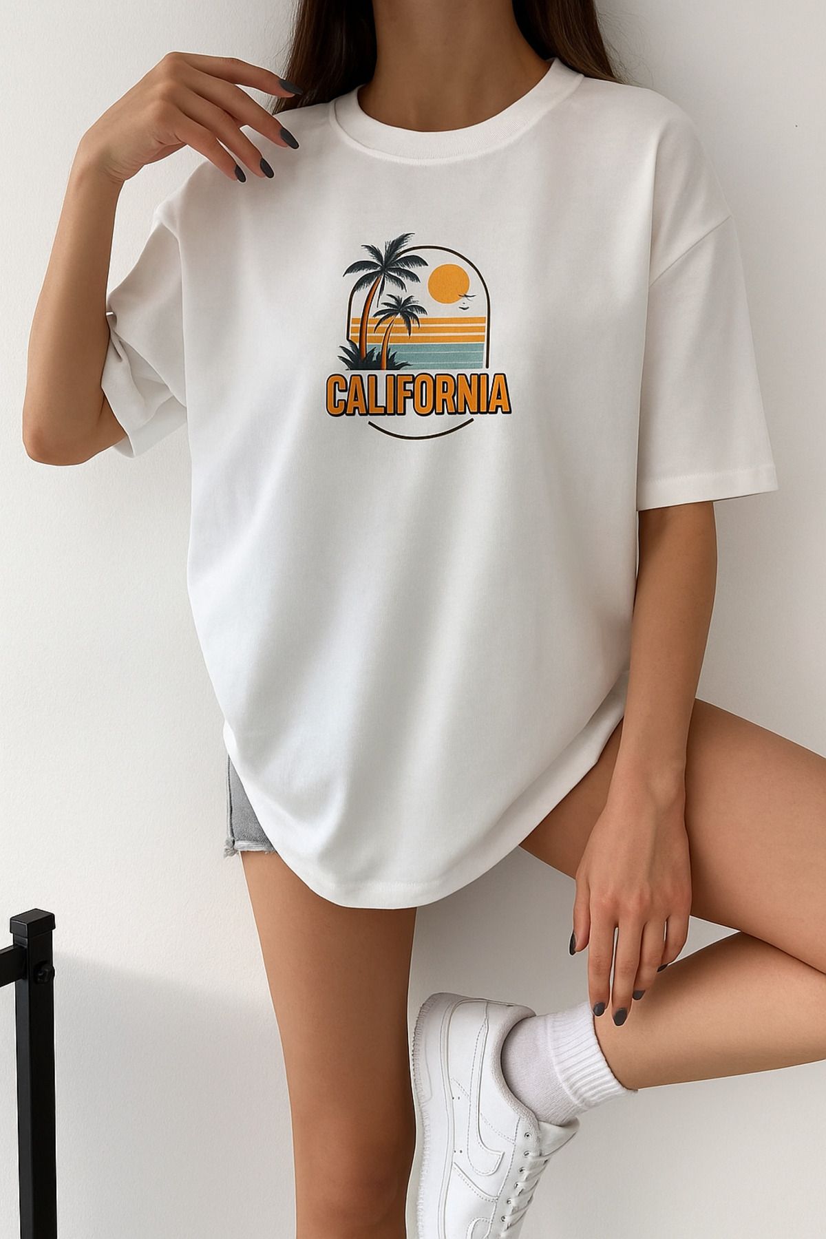 Eldemir CALIFORNIA Baskılı Bisiklet Yaka Pamuk Oversize T-shirt