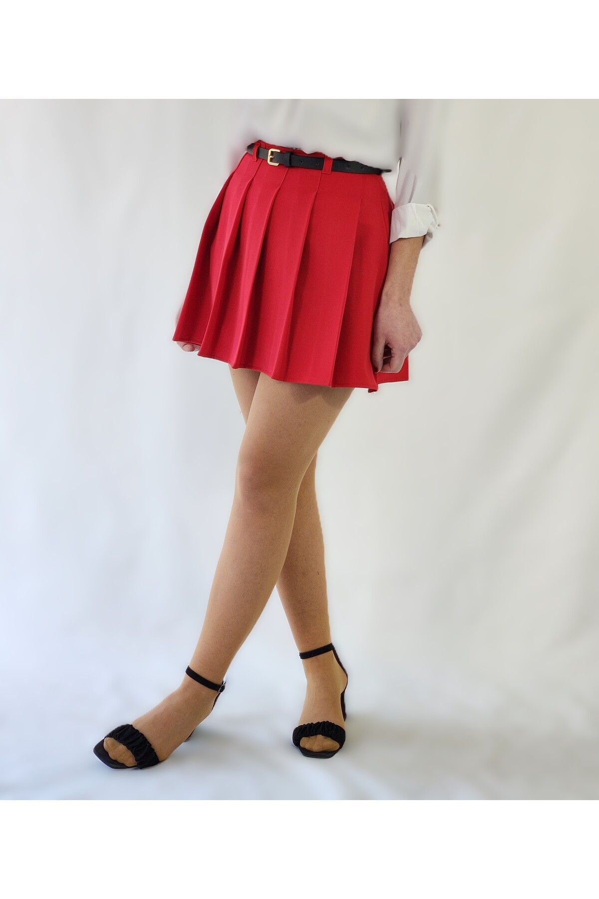 YAXİ-Red Woven Pleated Skirt with Belt High Waist 3