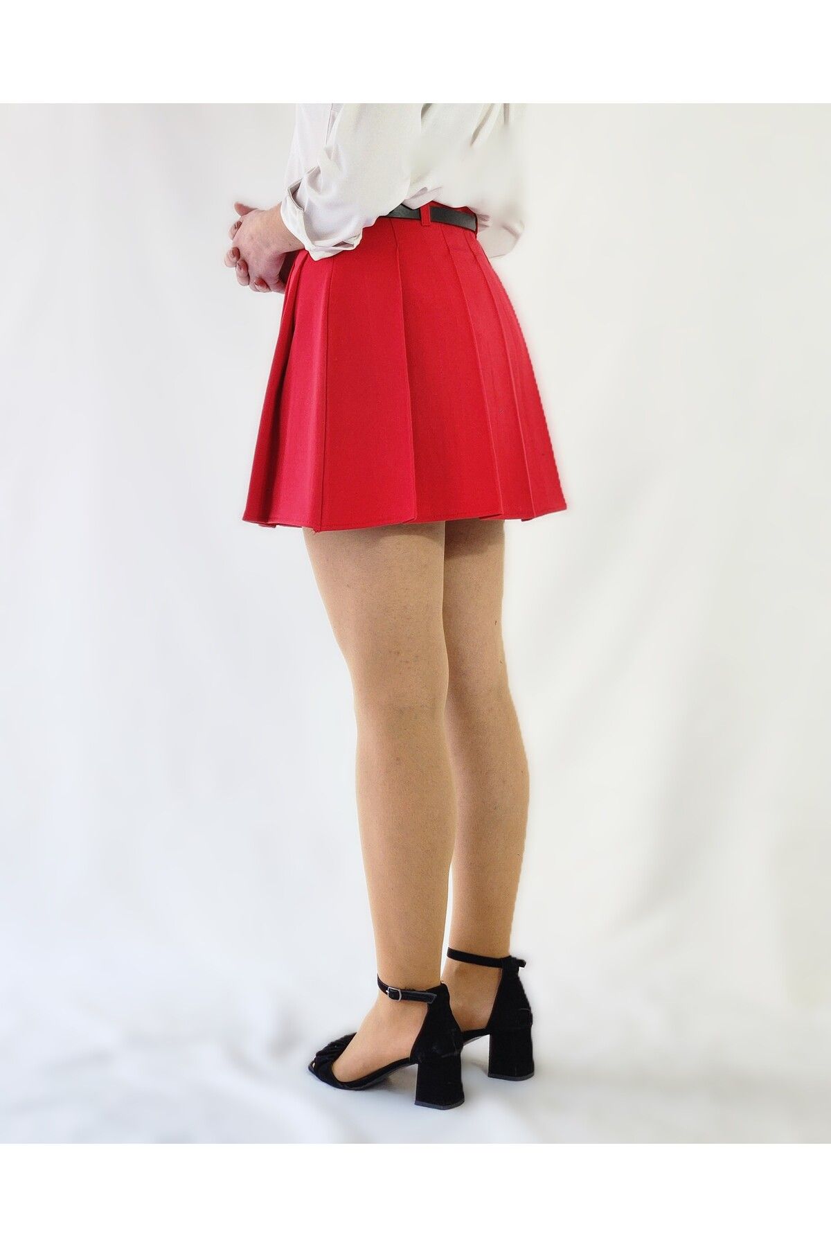 YAXİ-Red Woven Pleated Skirt with Belt High Waist 5