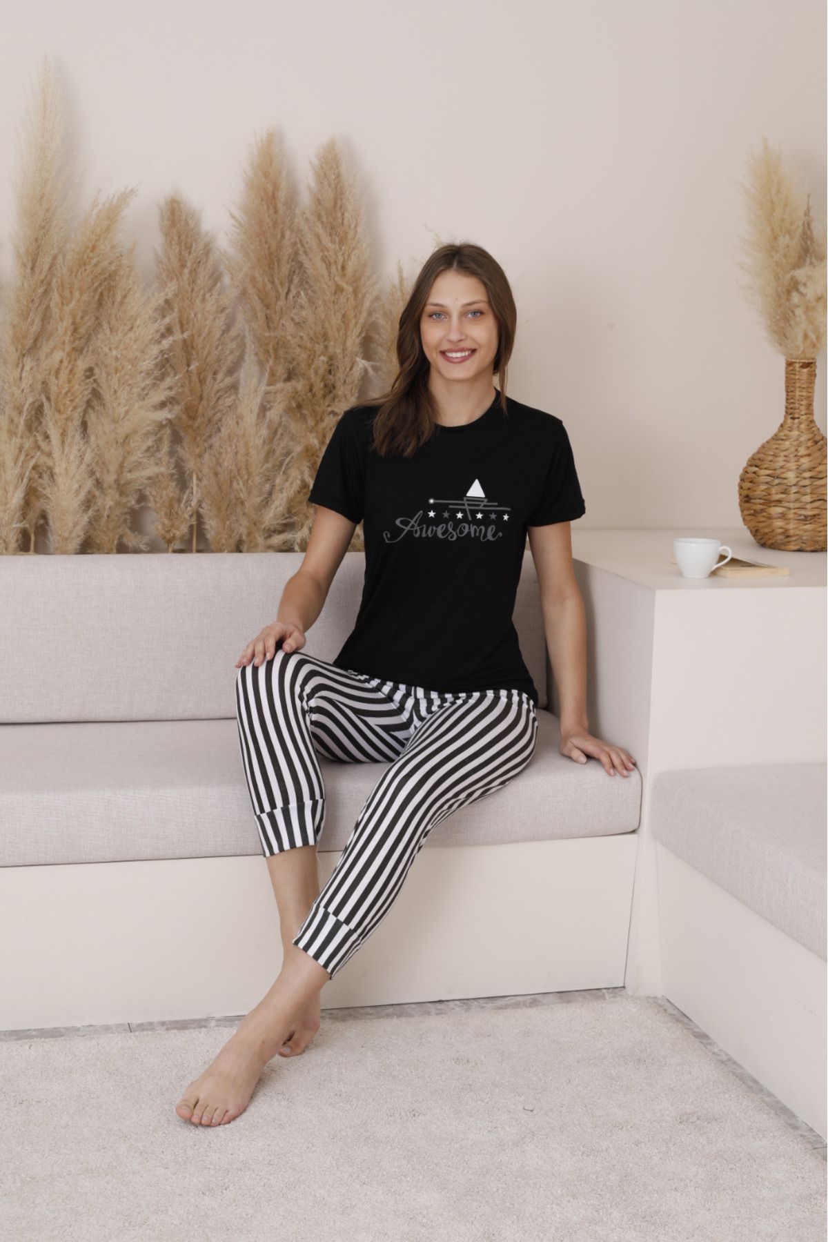 Mia Kadın Pijama Kısa Kol Awesome Yazılı Bisiklet Yaka Altı Çizgili Pijama Takımı