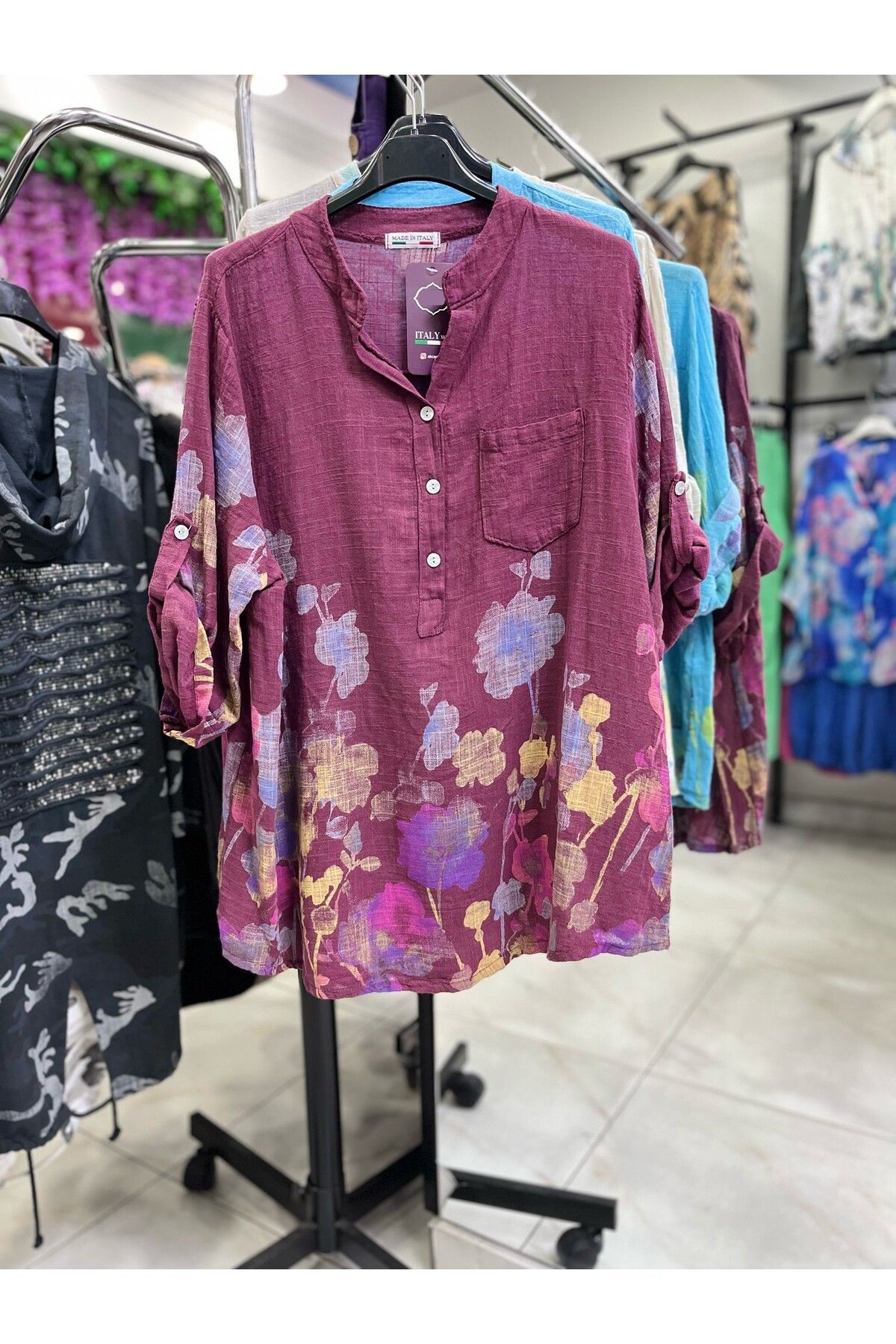 CELTMODA Kadın Çiçek Desenli İtalyan Pamuklu Bluz - Bordo
