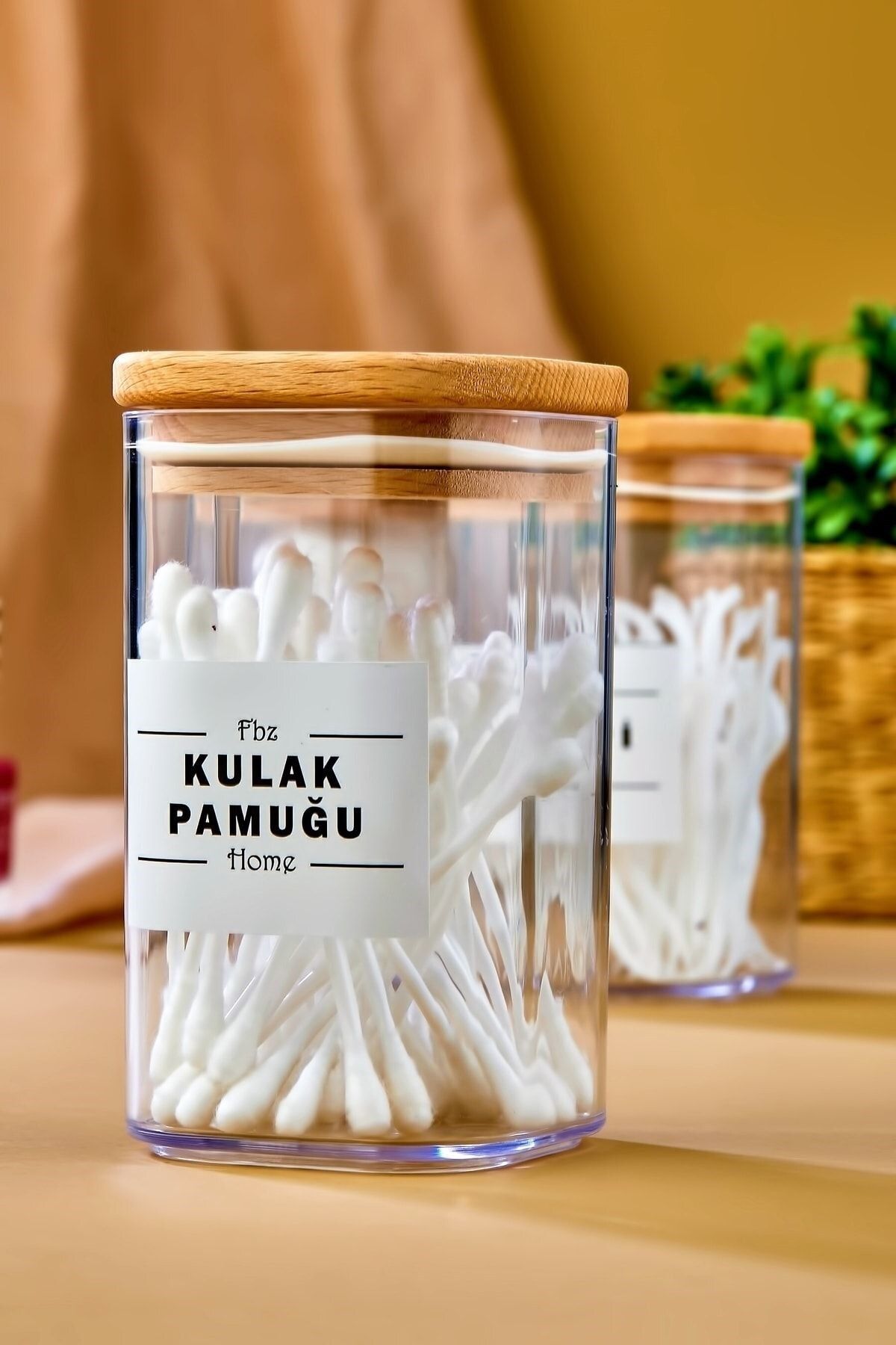 Carat Home Ahşap Kapaklı Dekoratif Kulak Pamuğu Organizeri 250 Ml Akrilik Saklama Kabı