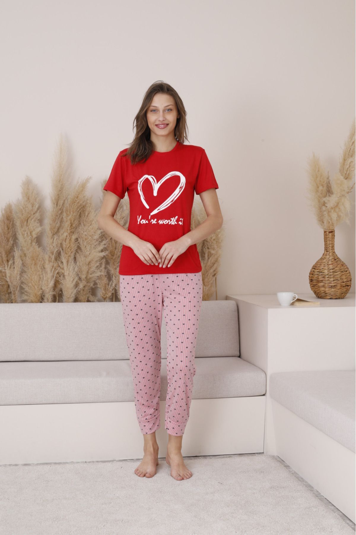 Mia Kadın Pijama Kısa Kol Kalp Desenli Bisiklet Yaka Altı Çizgili Pijama Takımı