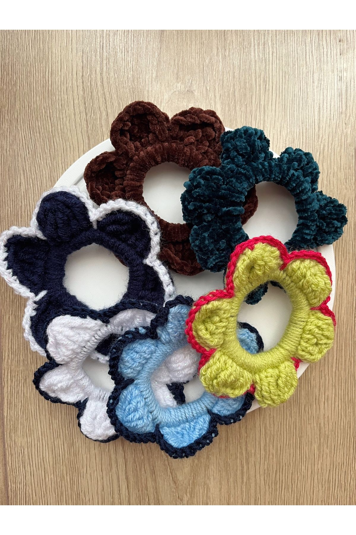 Poshy Atelier Kadın Örgü Çiçek Saç Tokası Scrunchie Topuz Lastiği El Yapımı Hediyelik