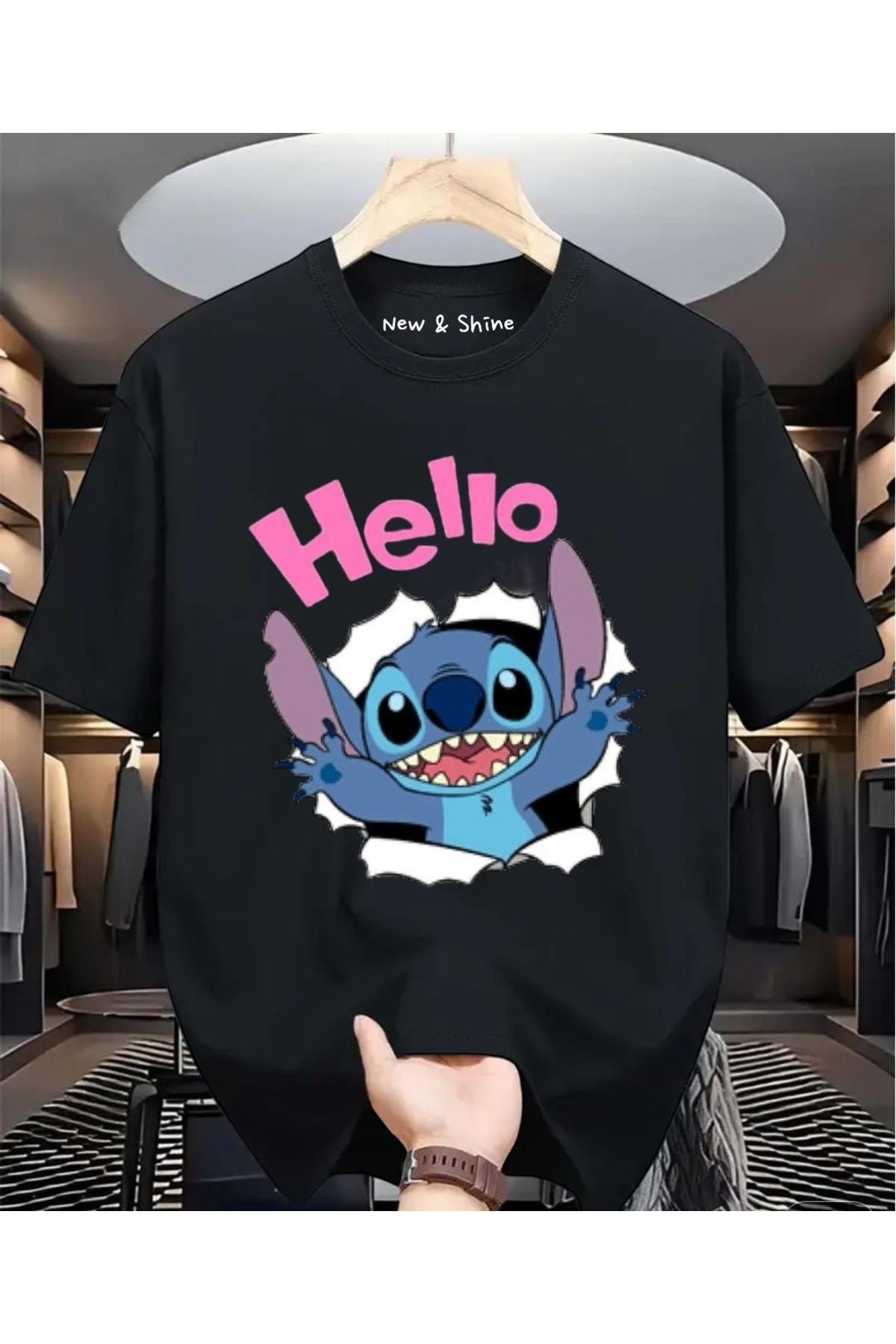 New Shine Hello Stitch Baskılı Büyük Beden Oversize T-Shirt