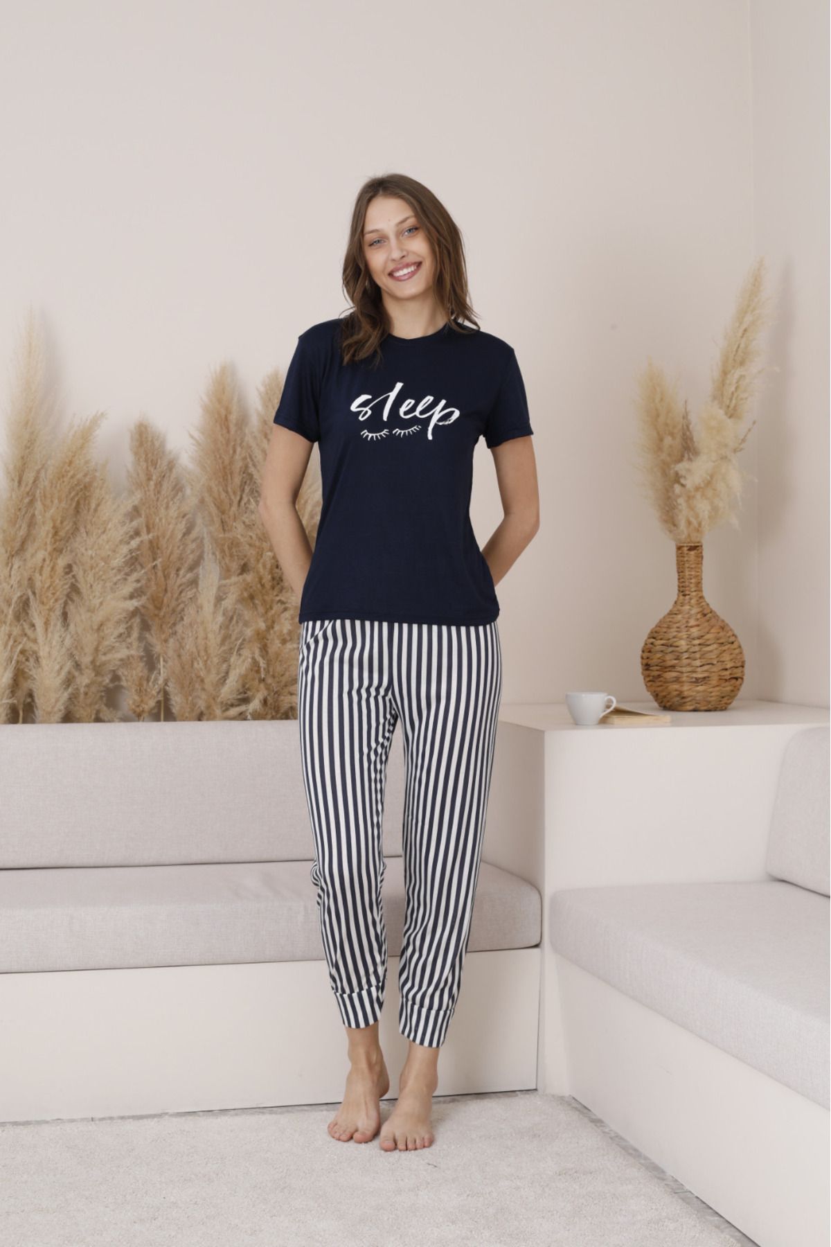 Mia Kadın Pijama Kısa Kol Sleep Yazılı Bisiklet Yaka Altı Çizgili Pijama Takımı
