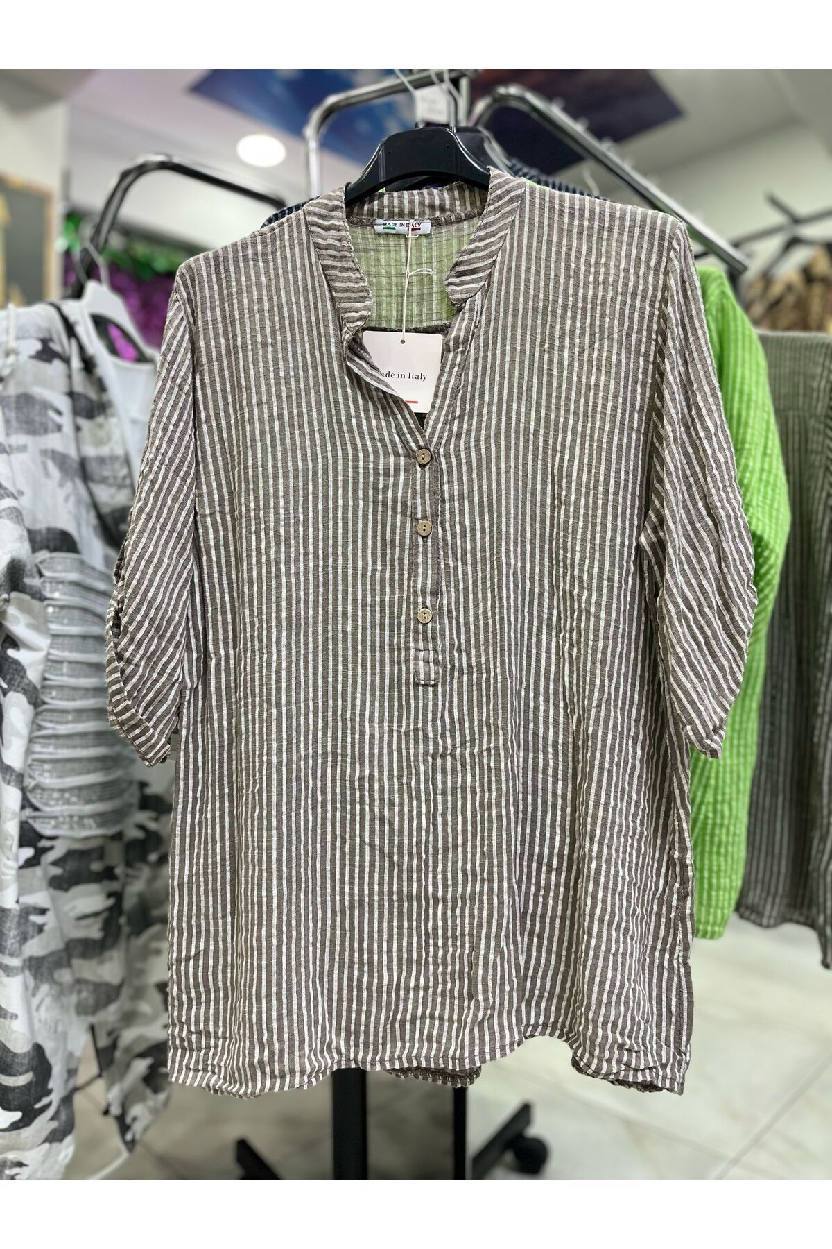 CELTMODA Kadın Çizgi Desenli İtalyan Pamuklu Bluz - Çamur