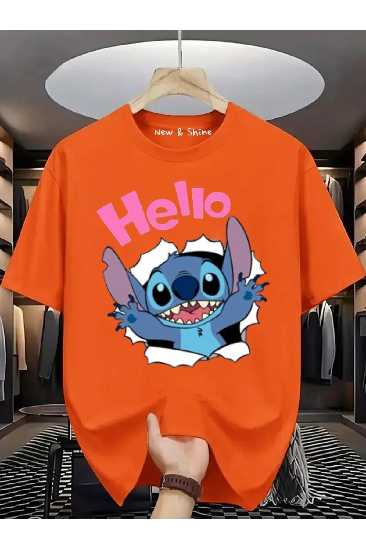 New Shine Hello Stitch Baskılı Büyük Beden Oversize T-Shirt