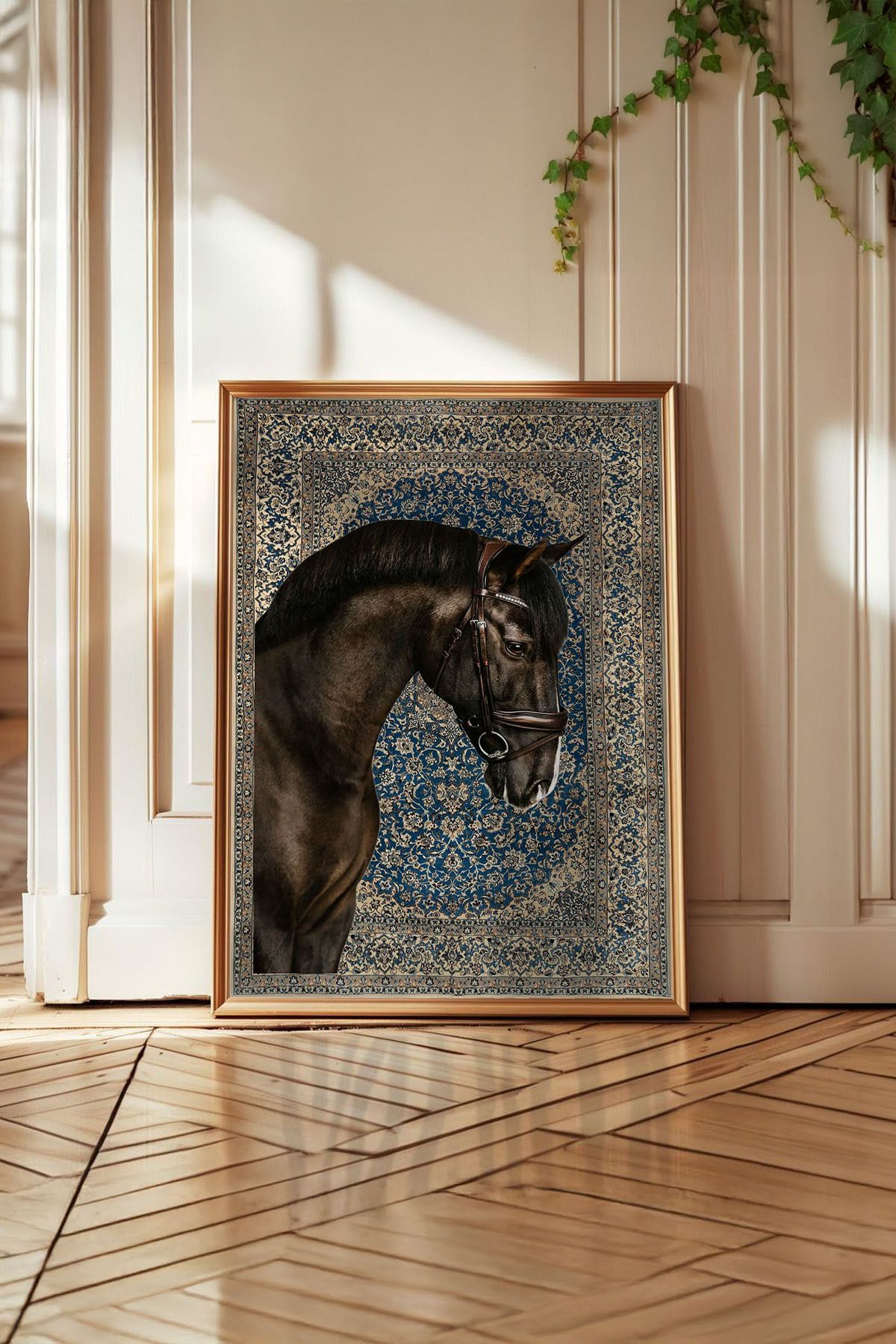 Huca İran Halısı ve Siyah At - Halı Poster - Üzerine Resim Yapılmış Halı - Modern Sanat - Vintage - Boho