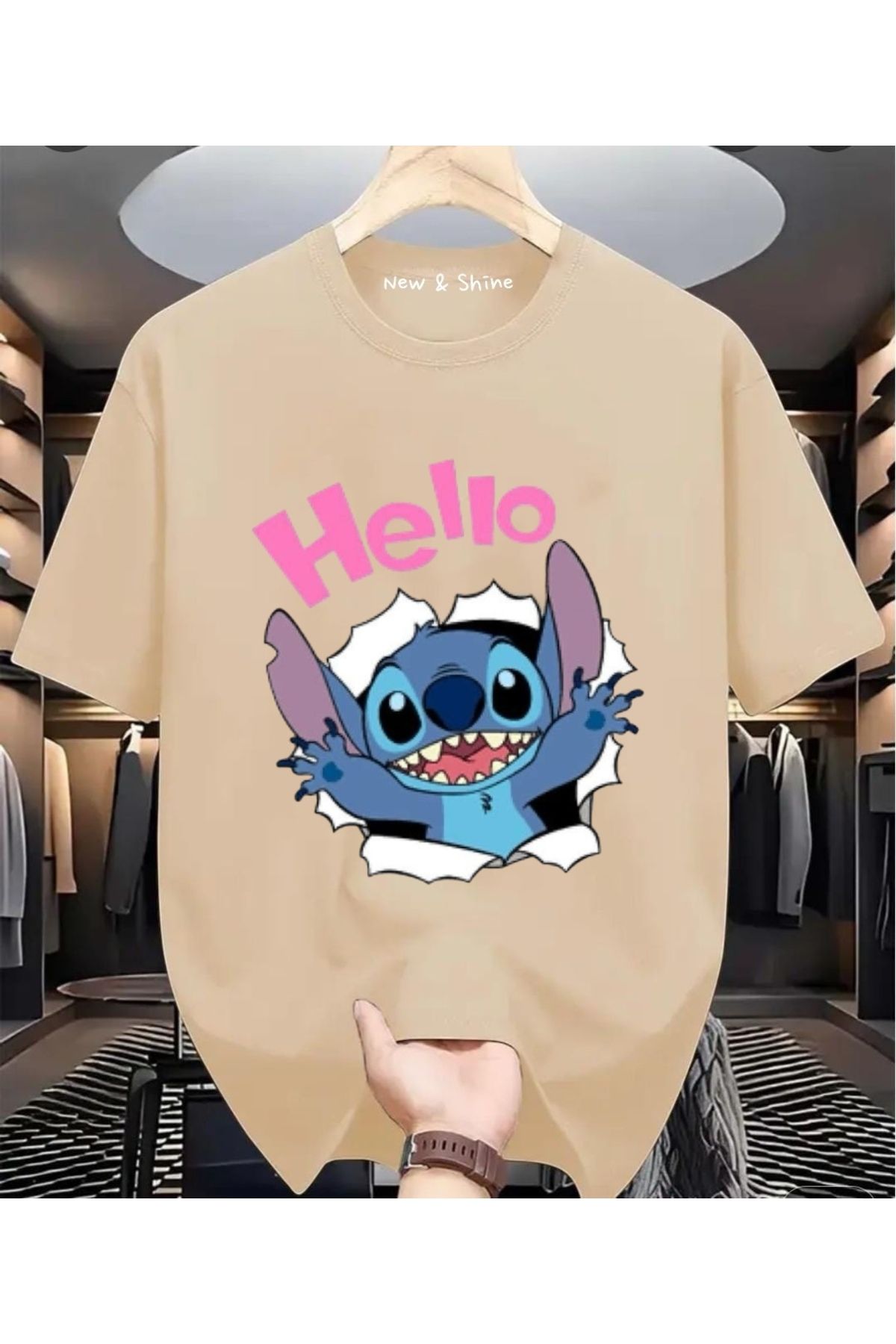 New Shine Hello Stitch Baskılı Oversize T-Shirt