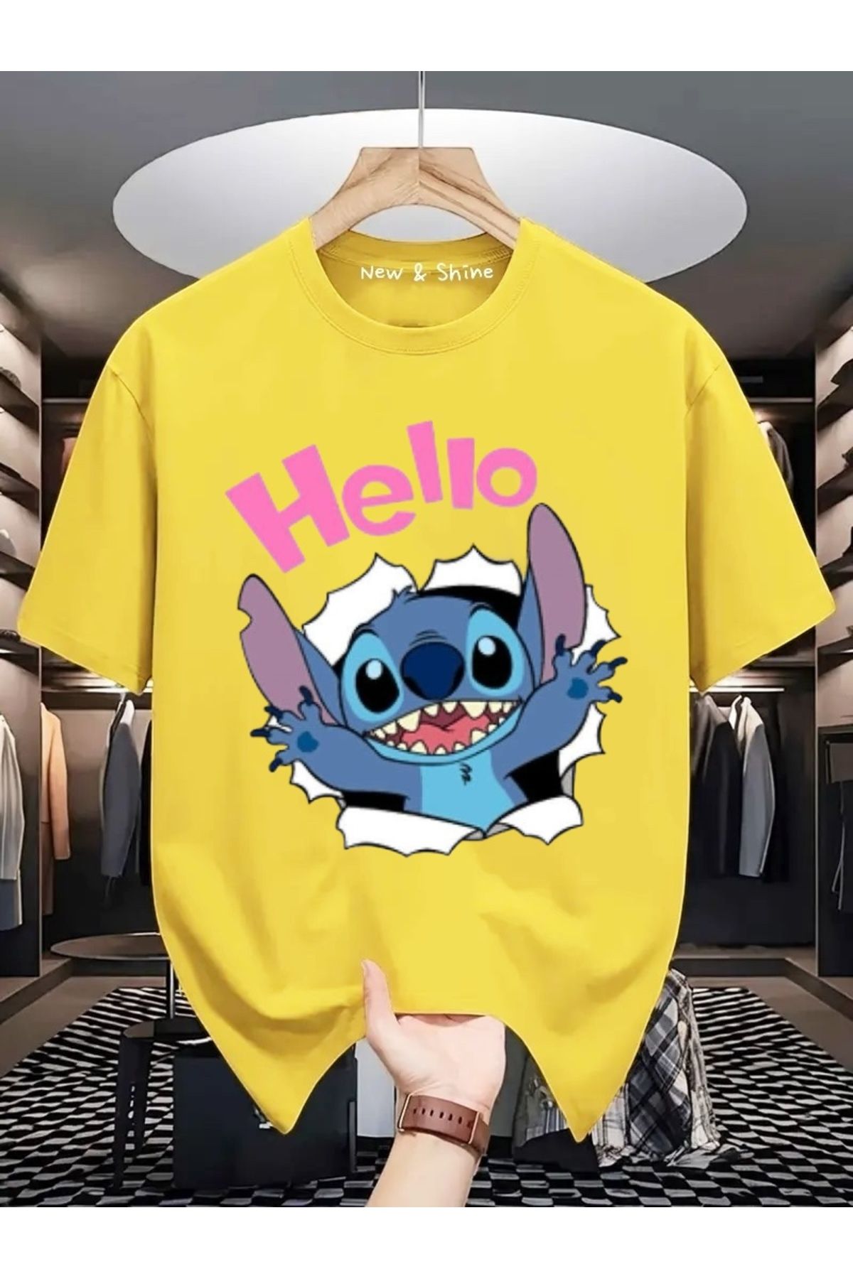 New Shine Hello Stitch Baskılı Büyük Beden Oversize T-Shirt
