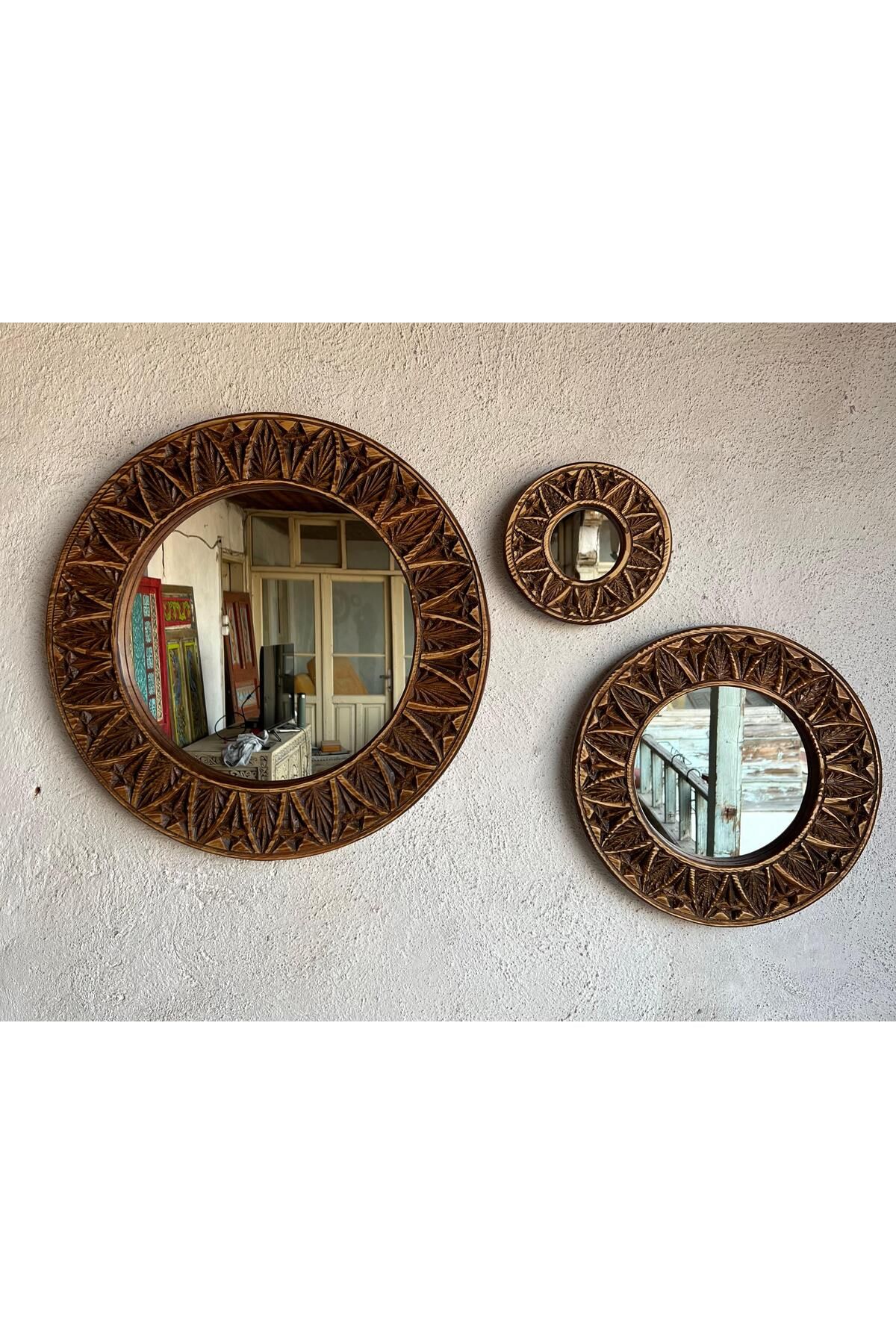 Home Ahşap Oyma Üçlü Yuvarlak Ayna Seti