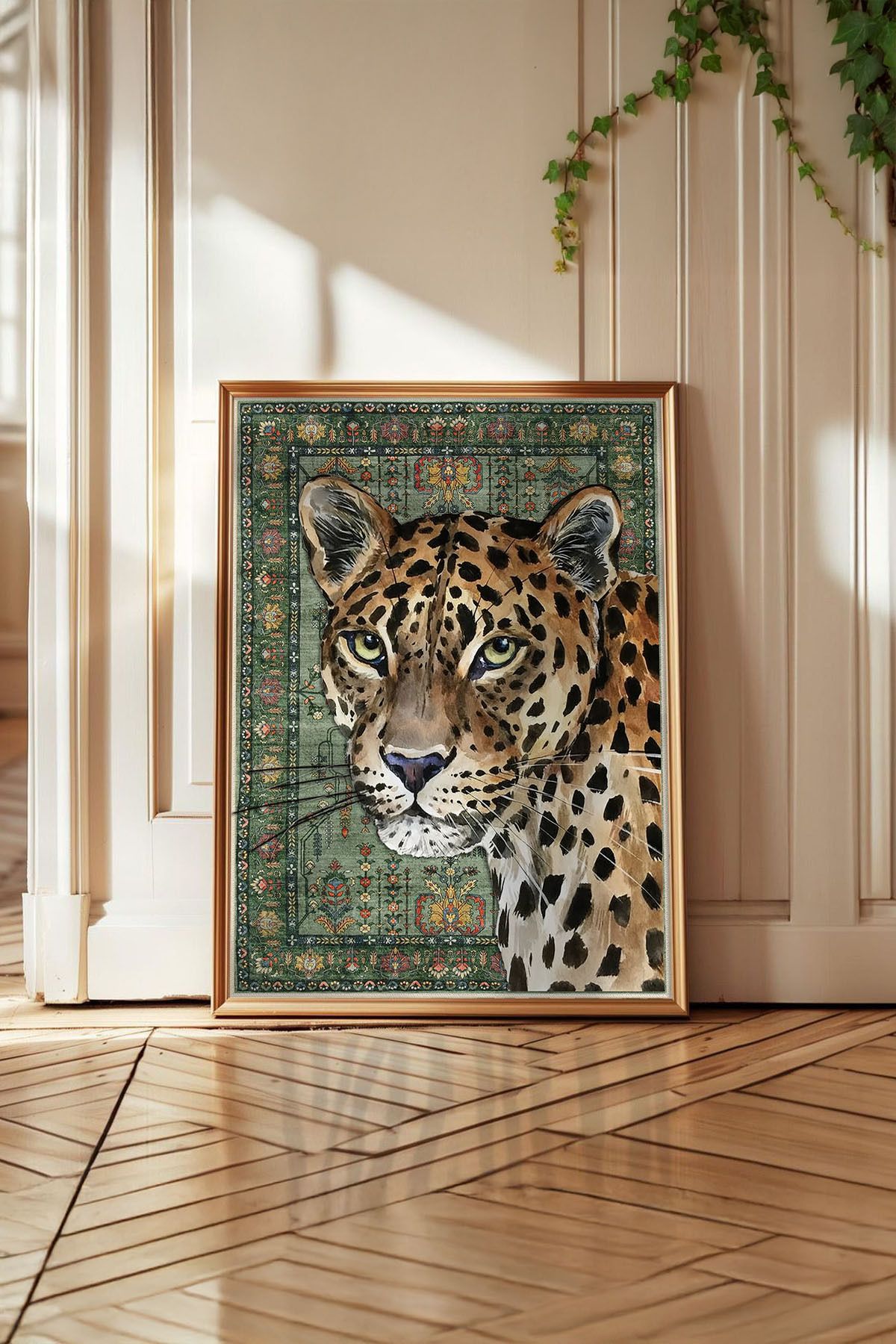 Huca İran Halısı ve Leopar - Halı Poster - Üzerine Resim Yapılmış Halı - Modern Sanat - Vintage - Boho