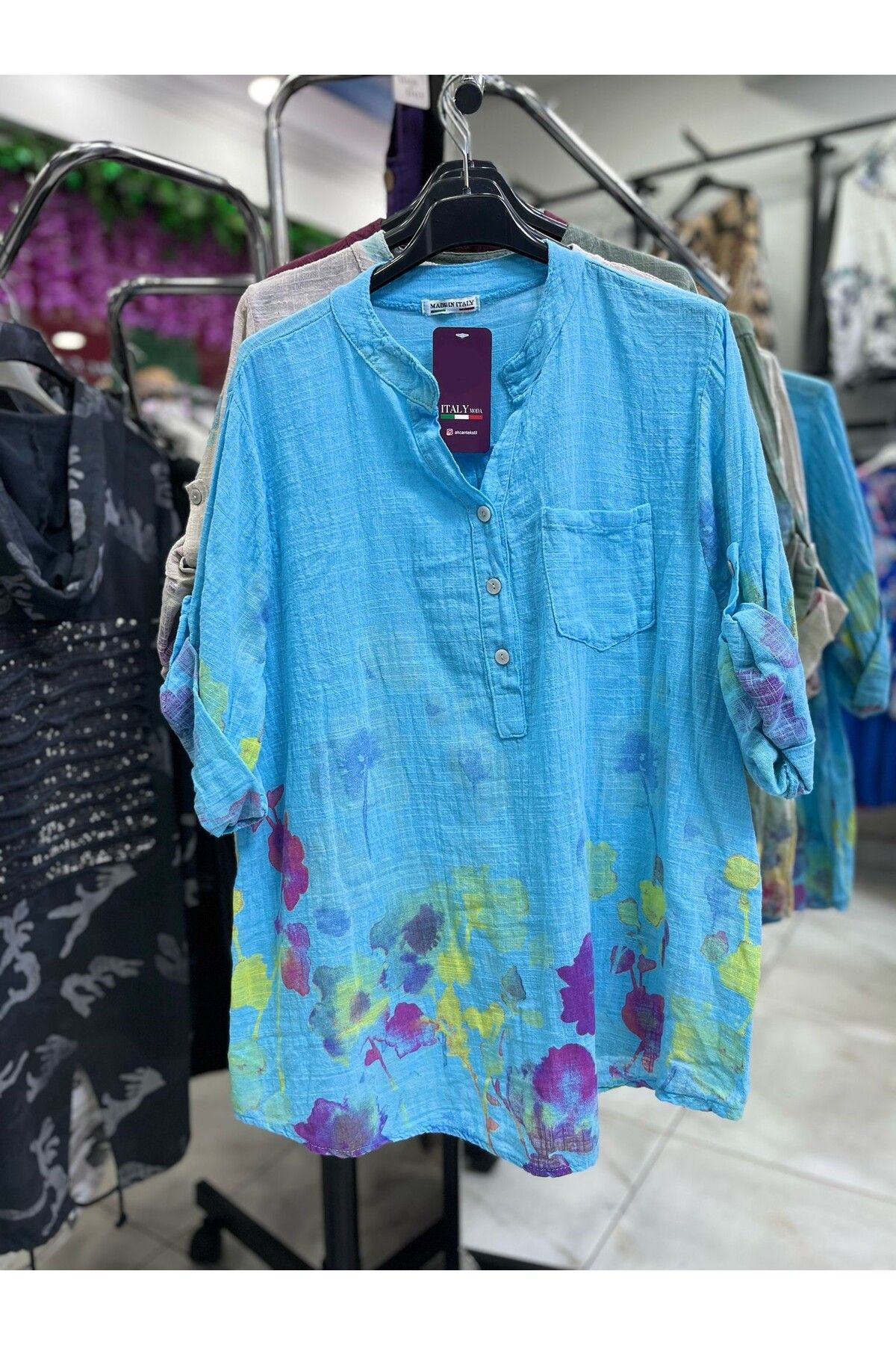 CELTMODA Kadın Çiçek Desenli İtalyan Pamuklu Bluz - Turkuaz