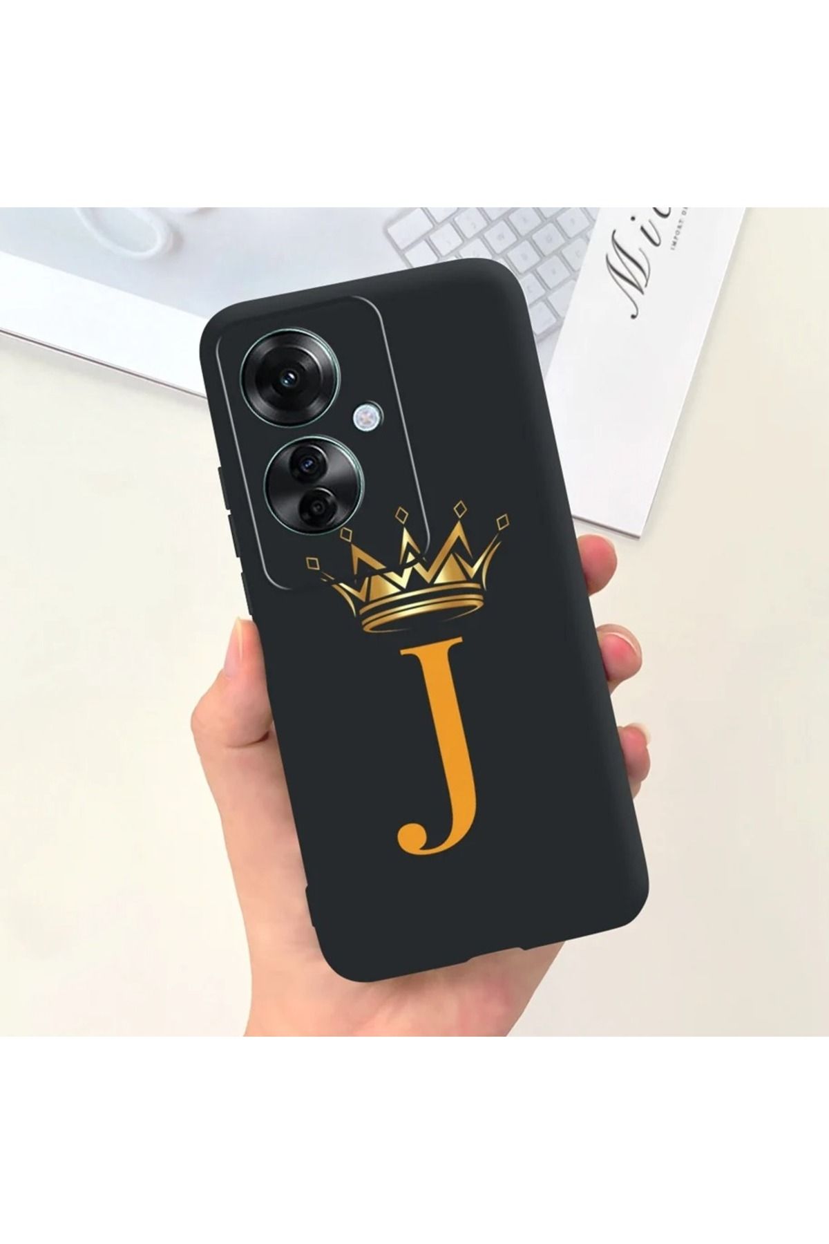 Rotaks Oppo Reno 11F Uyumlu Harfli Taç Baskılı Kişiye Özel Silikon Telefon Kılıfı - J