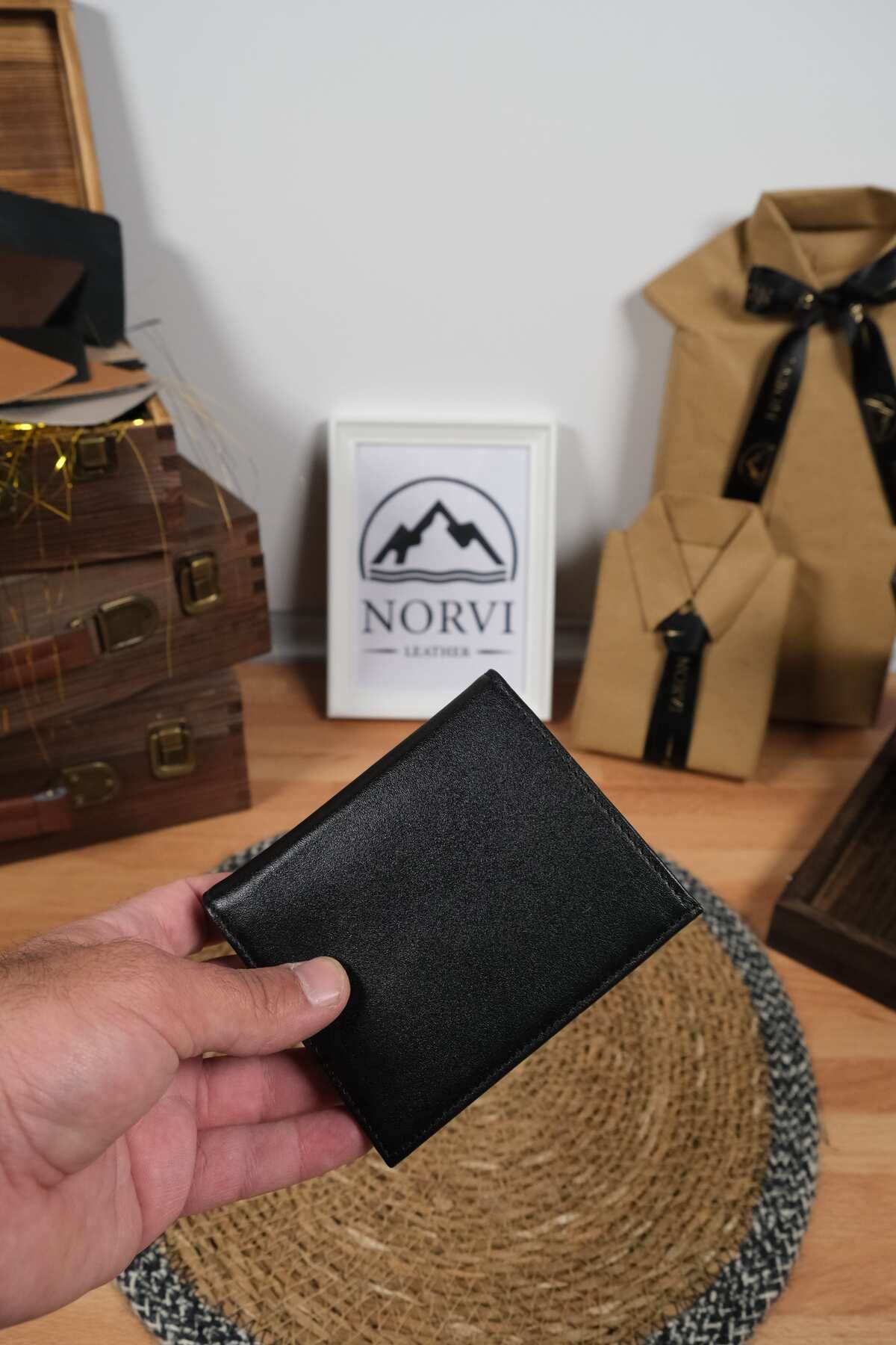 کیف پول مردانه و زنانه چرمی واقعی با چشمان سکه سیاه Norvi Leather