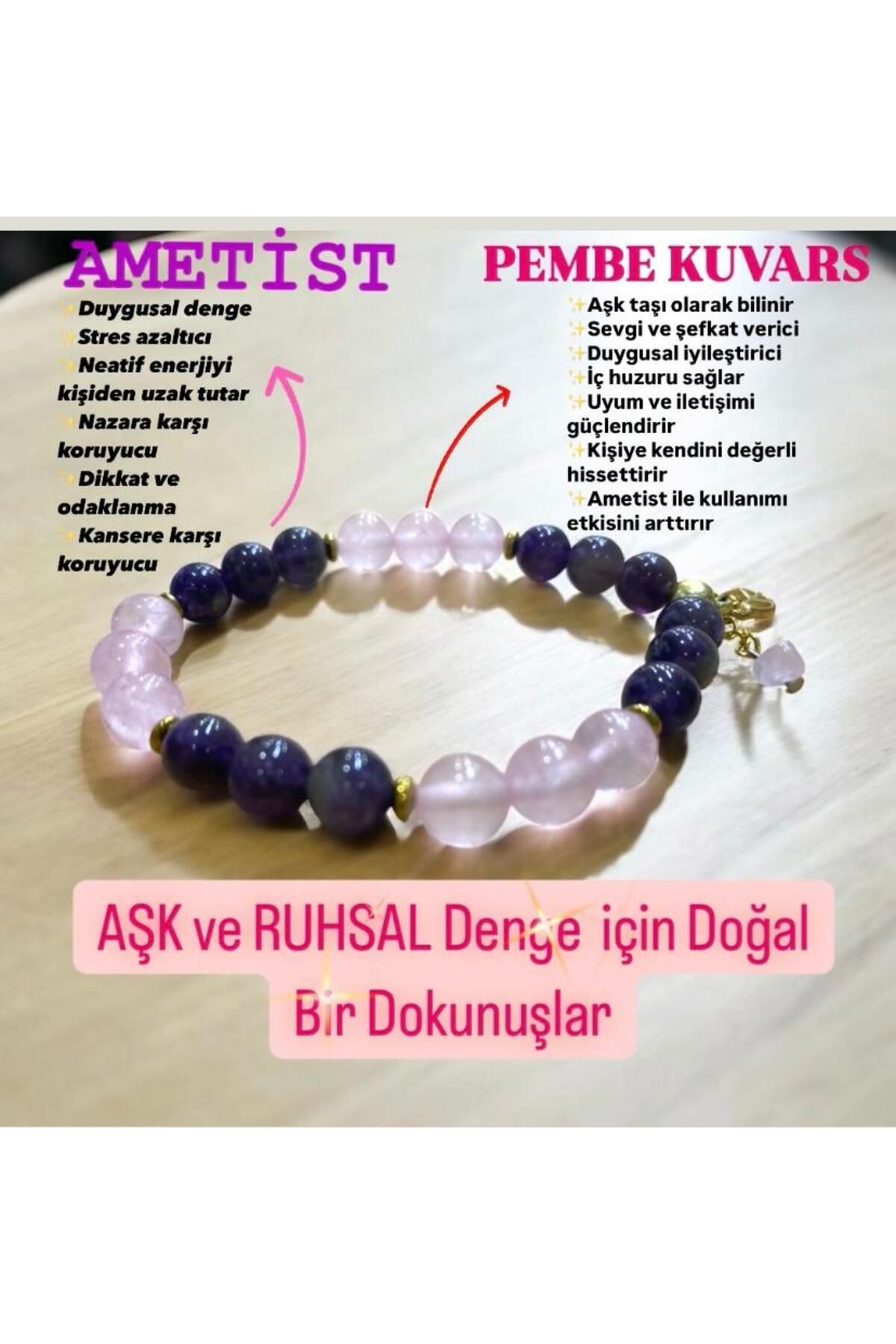 SEVİLERGİNAY AMETİST PEMBE KUVARS DOĞAL TAŞ BİLEKLİK