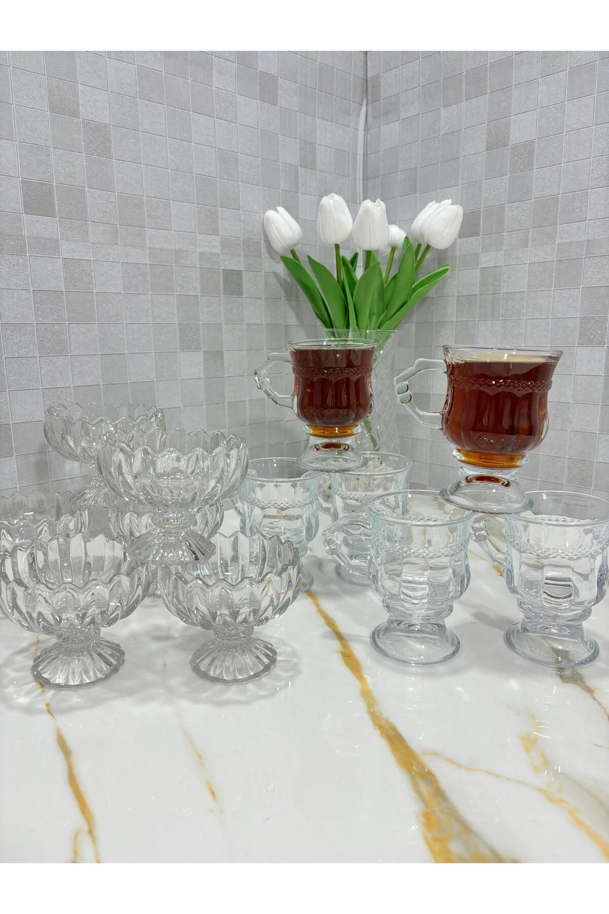 SOFRA STİL 12 Parça Ayaklı 6'lı Çay Bardağı Ve 6'lı Cam Çerezlik