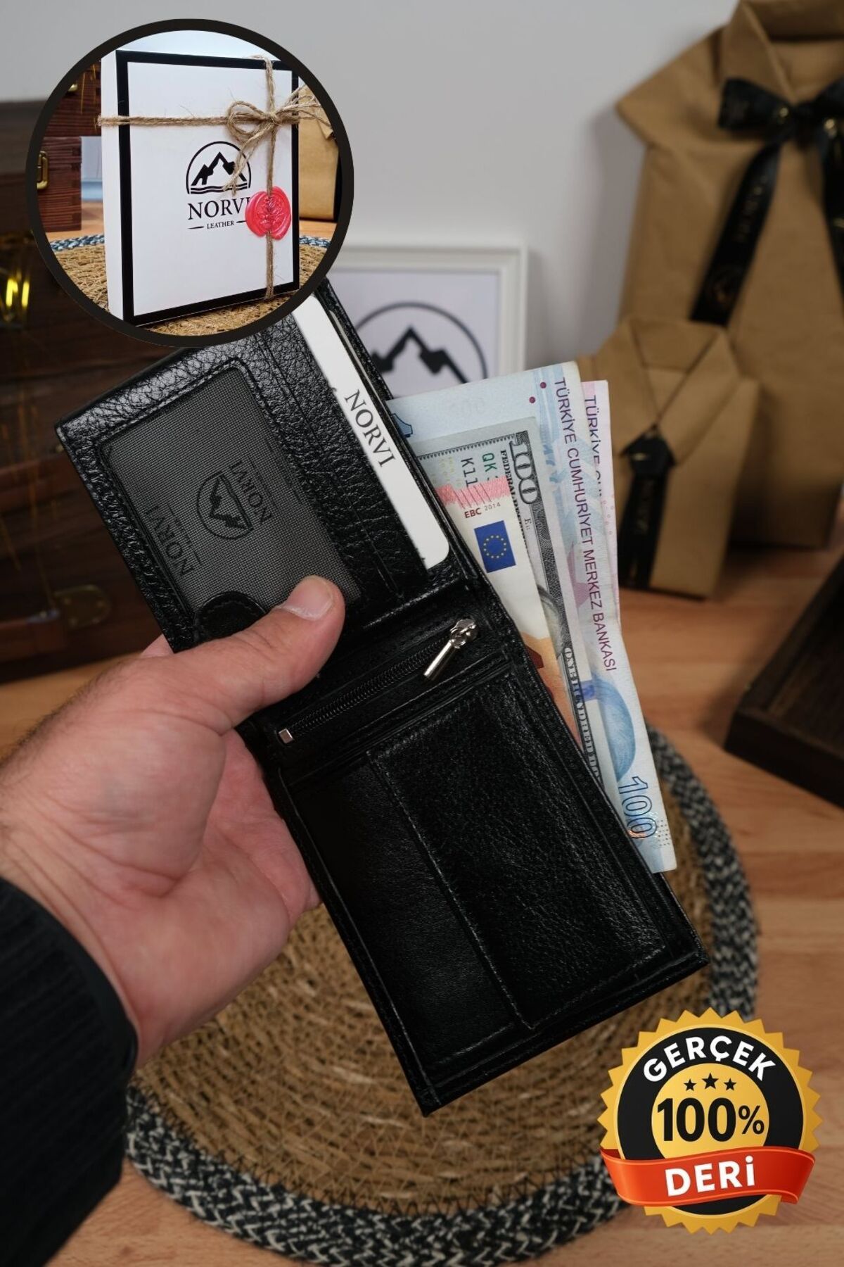 Norvi Leather Bozuk Para Bölmeli Hakiki Deri Cüzdan Siyah