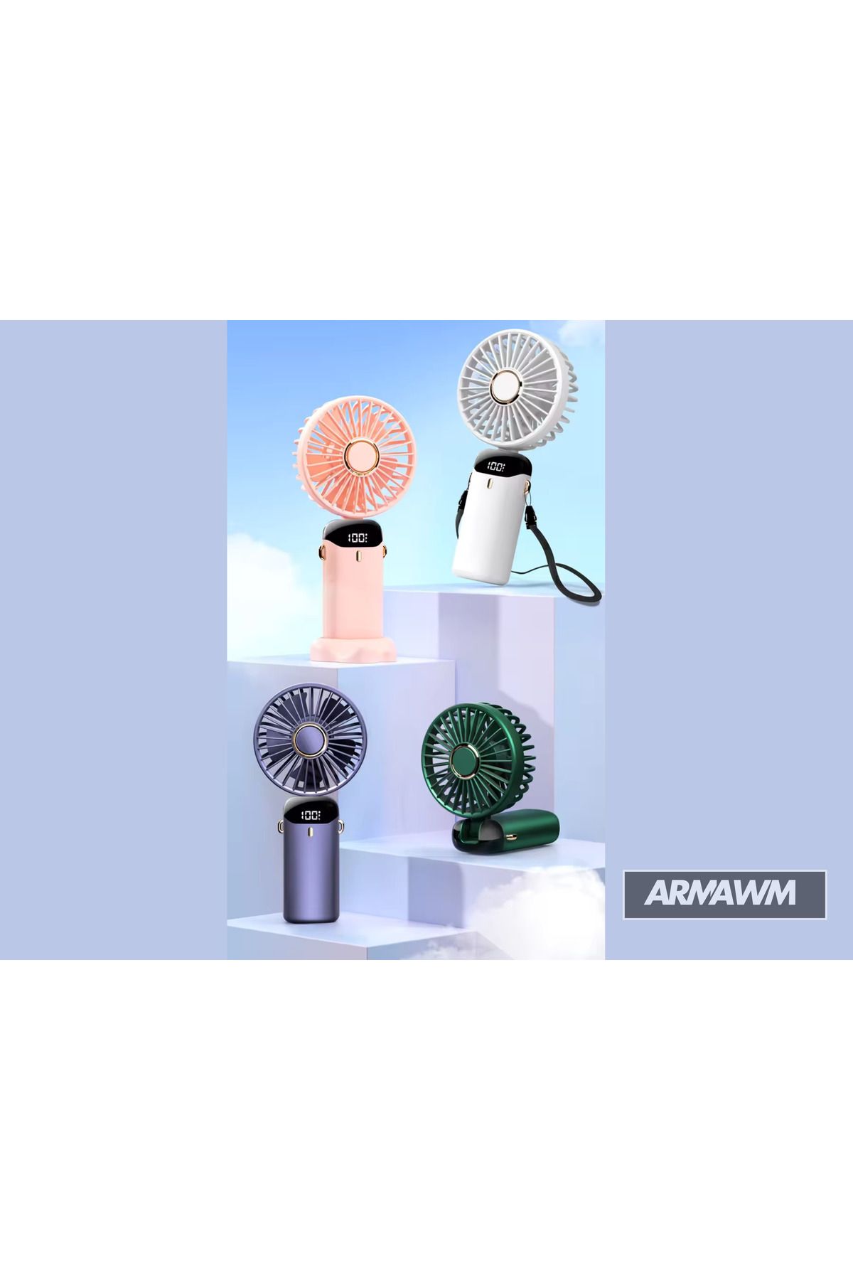 ARMAWM Dijital Ekranlı Şarjlı El Fanı | 5 Kademeli Hız | Telefon Tutuculu Taşınabilir Mini Fan Mavi
