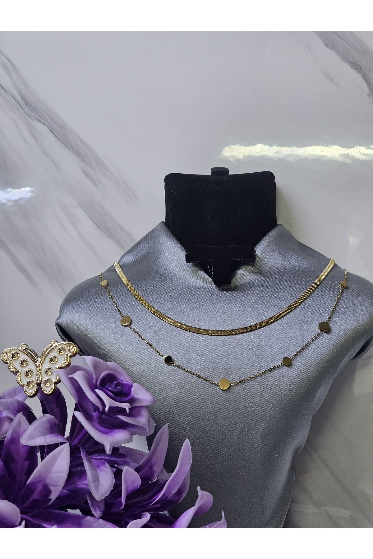 MODA Küçük kalp modelli çift zincirli şık görünümlü çelik kolye