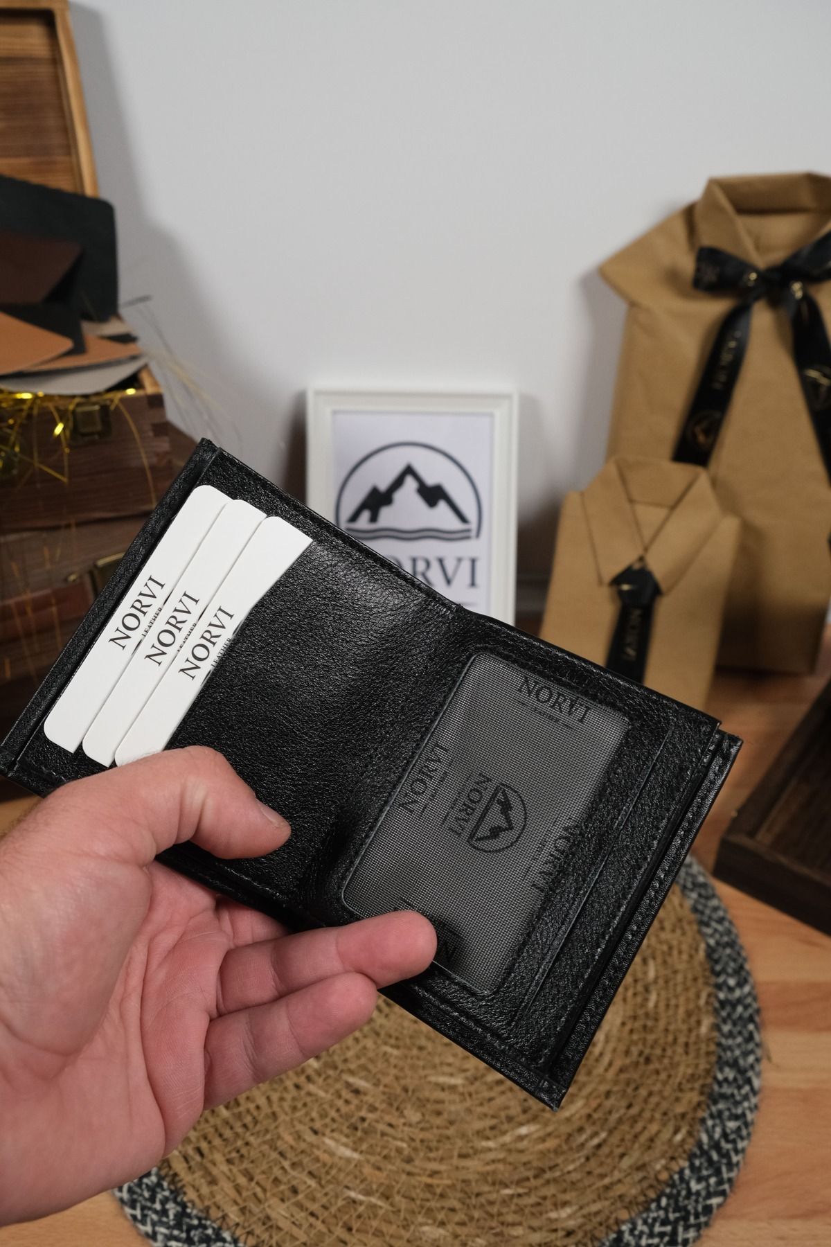 کیف پول مردانه و زنانه چرمی واقعی با چشمان سکه سیاه Norvi Leather