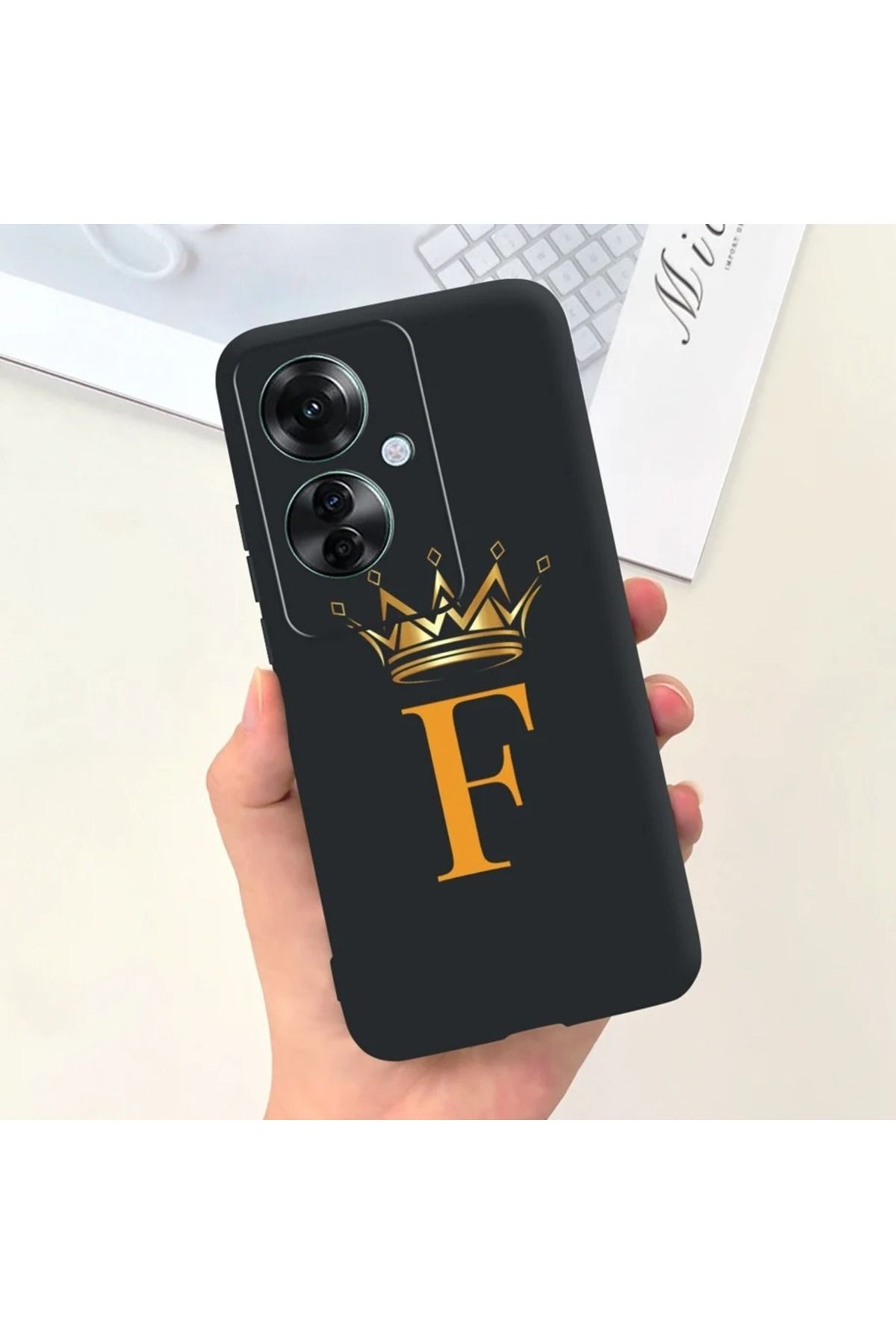 Rotaks Oppo Reno 11F Uyumlu Harfli Taç Baskılı Kişiye Özel Silikon Telefon Kılıfı - F