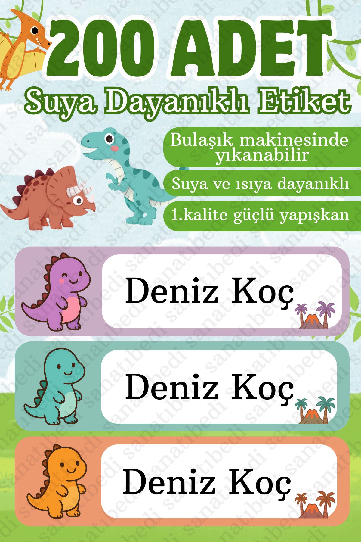 sanatıbedi 200 Adet Suya Dayanıklı Dinozor Okul Etiketi - Kalem Defter Suluk Sticker - Kişiye Özel İsim Etiketi