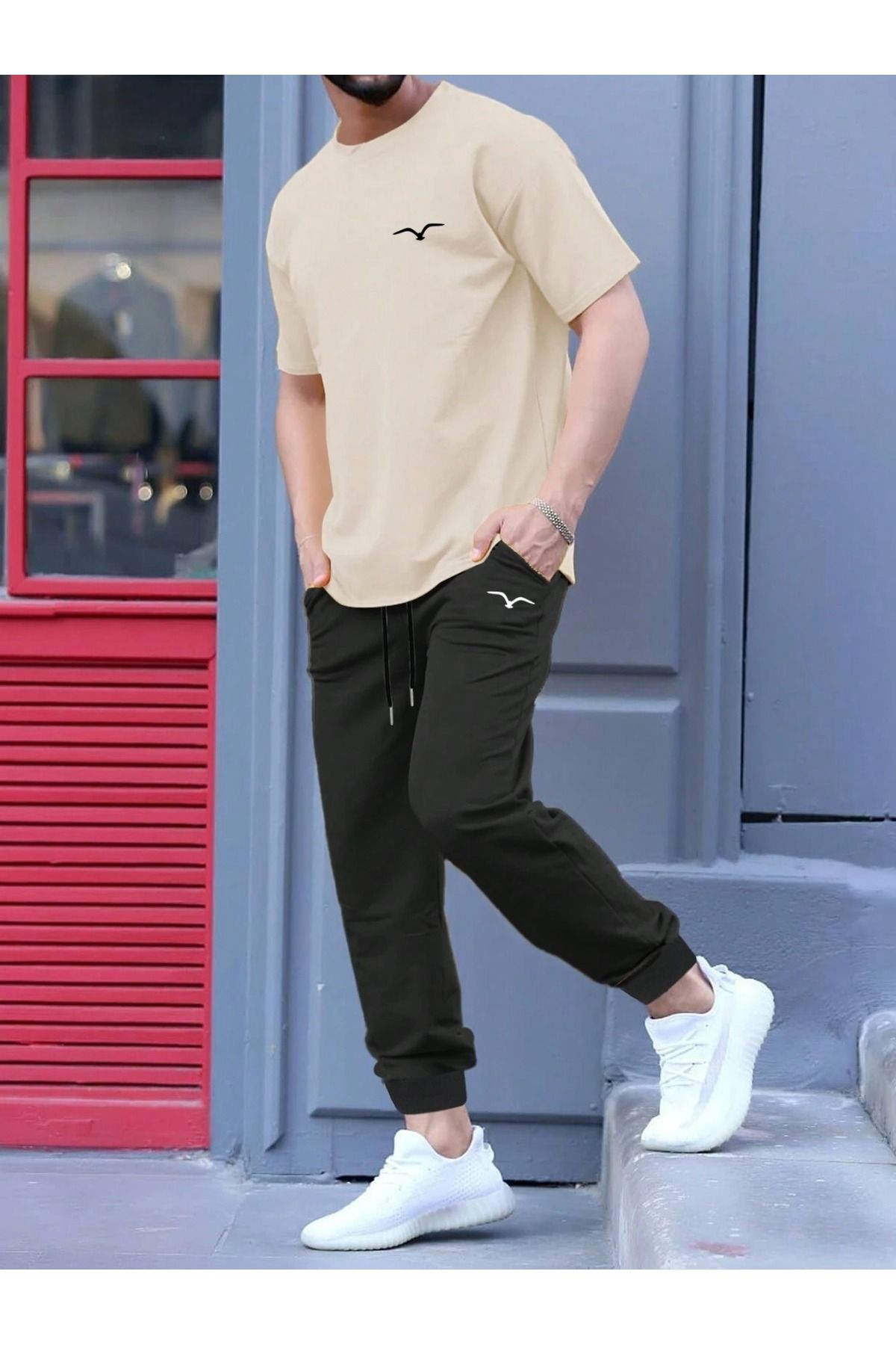 PAVRO Erkekler için Günlük Moda Kısa Kollu eşofman Takım Üst + eşofman İki Parça Set MK baskılı