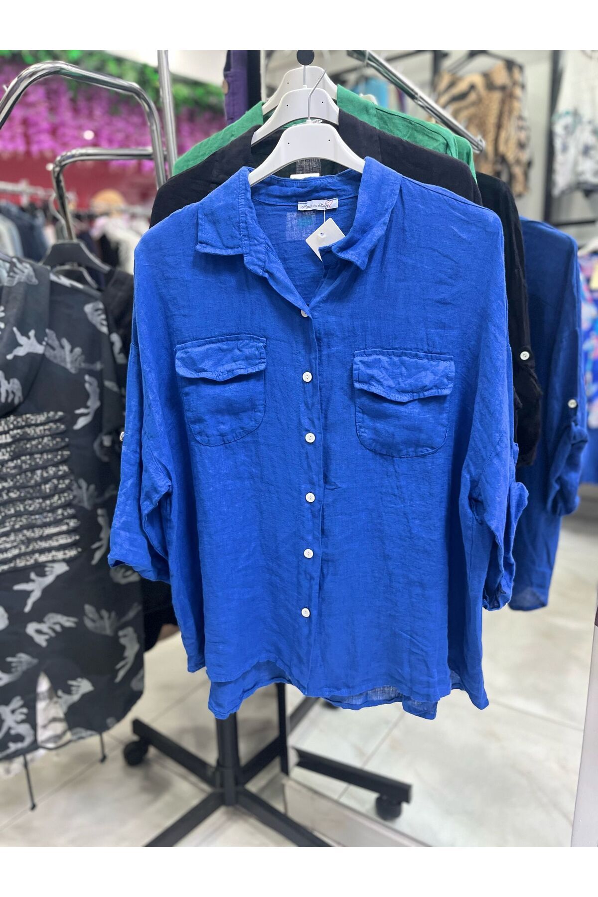 CELTMODA Kadın %100 Keten İthal Cepli Düğmeli Gömlek Ceket - Mavi