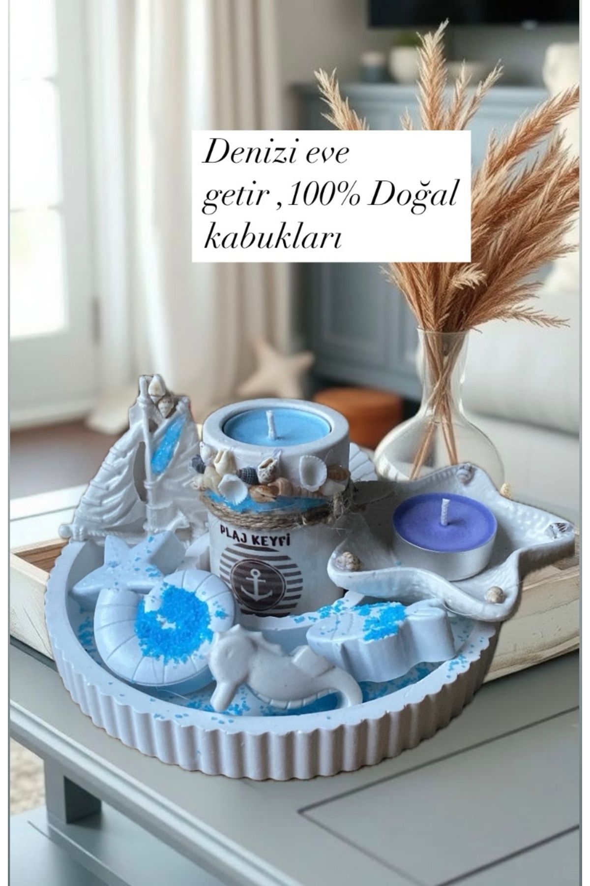 Magic Cat Doğal Deniz kabukları Dekoratif Mumluk seti Sus tabakl çizgili tepsi