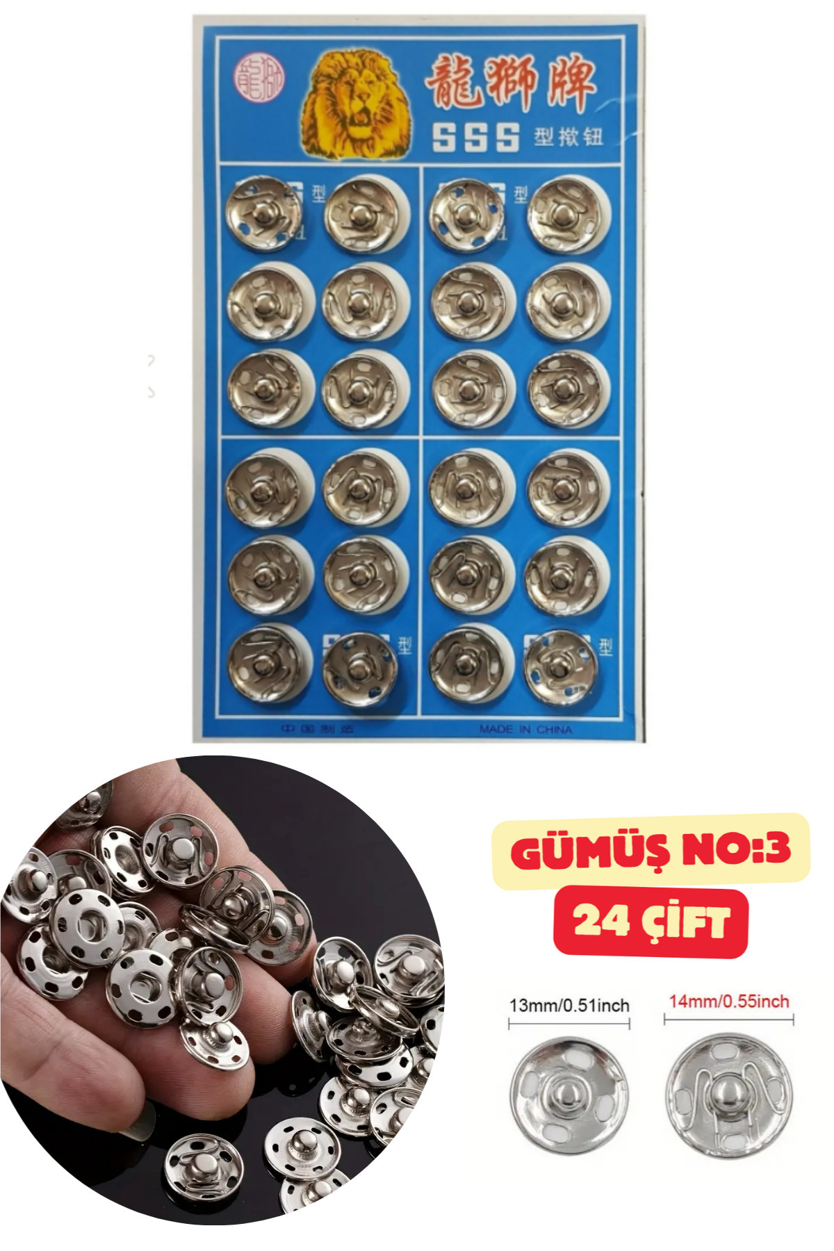 Kardelux Metal, Dikmeli Çıtçıt Düğme No2 (12mm) 24 Adet Gümüş Renk Metal