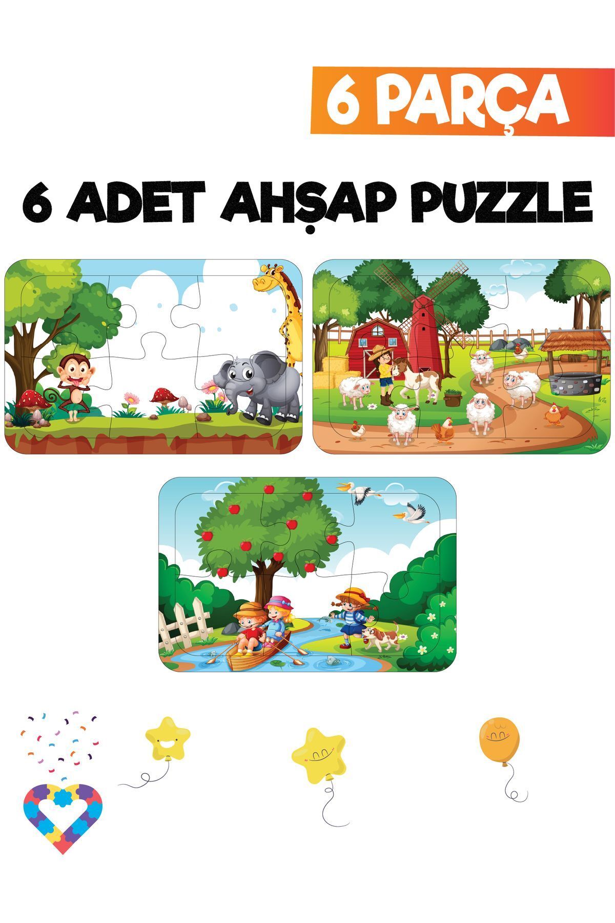 WoodyLife Ahşap Eğitici Puzzle Seti - 6'lı 6 Parça - Okul Öncesi Zeka Geliştirici Oyuncak