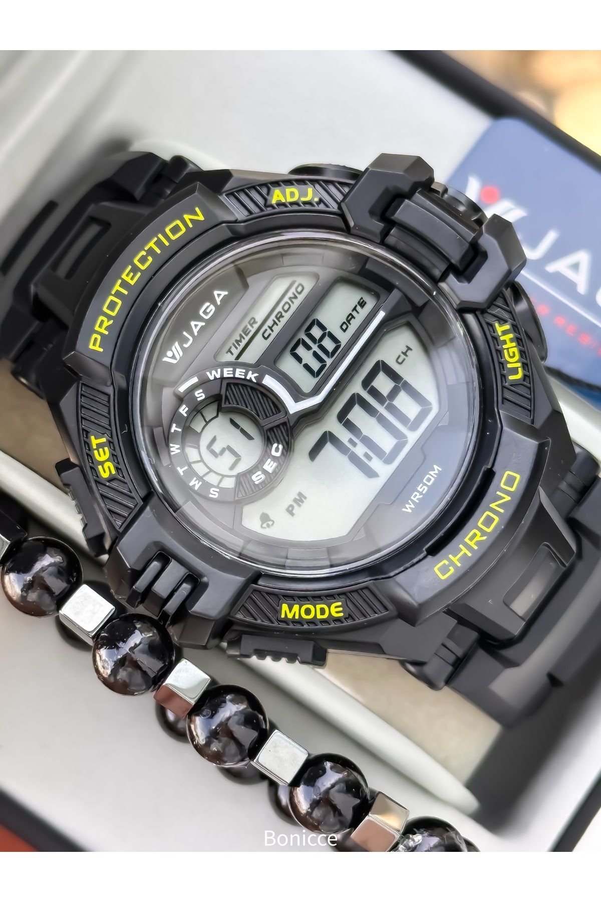 Jaga 50 MM Havuz Deniz Kullanım,Işıklı,Takvimli,Kronometreli Siyah Silikon Dijital SPOR Erkek Kol Saatii