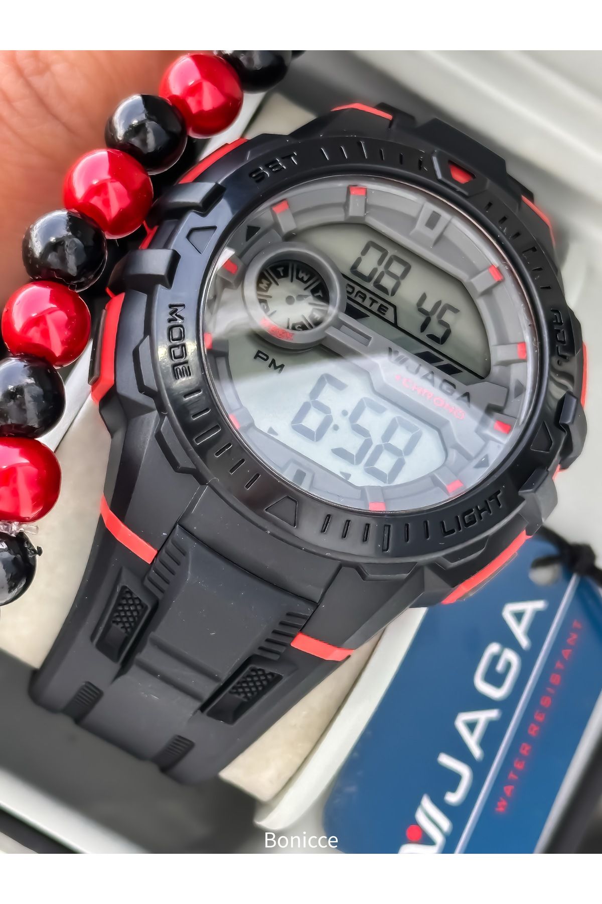 Jaga-45mm Pool Sea Use,Lighted,Calendar,Chronometer Red Silicone Digital Sport Men Wrist Watch 6