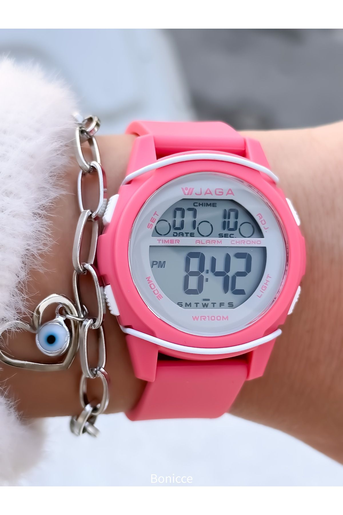 Jaga 32MM Havuz Deniz Kullanım,Işıklı,Takvimli,Kronometreli PEMBE Silikon Dijital SPOR Kadın Kol Saati