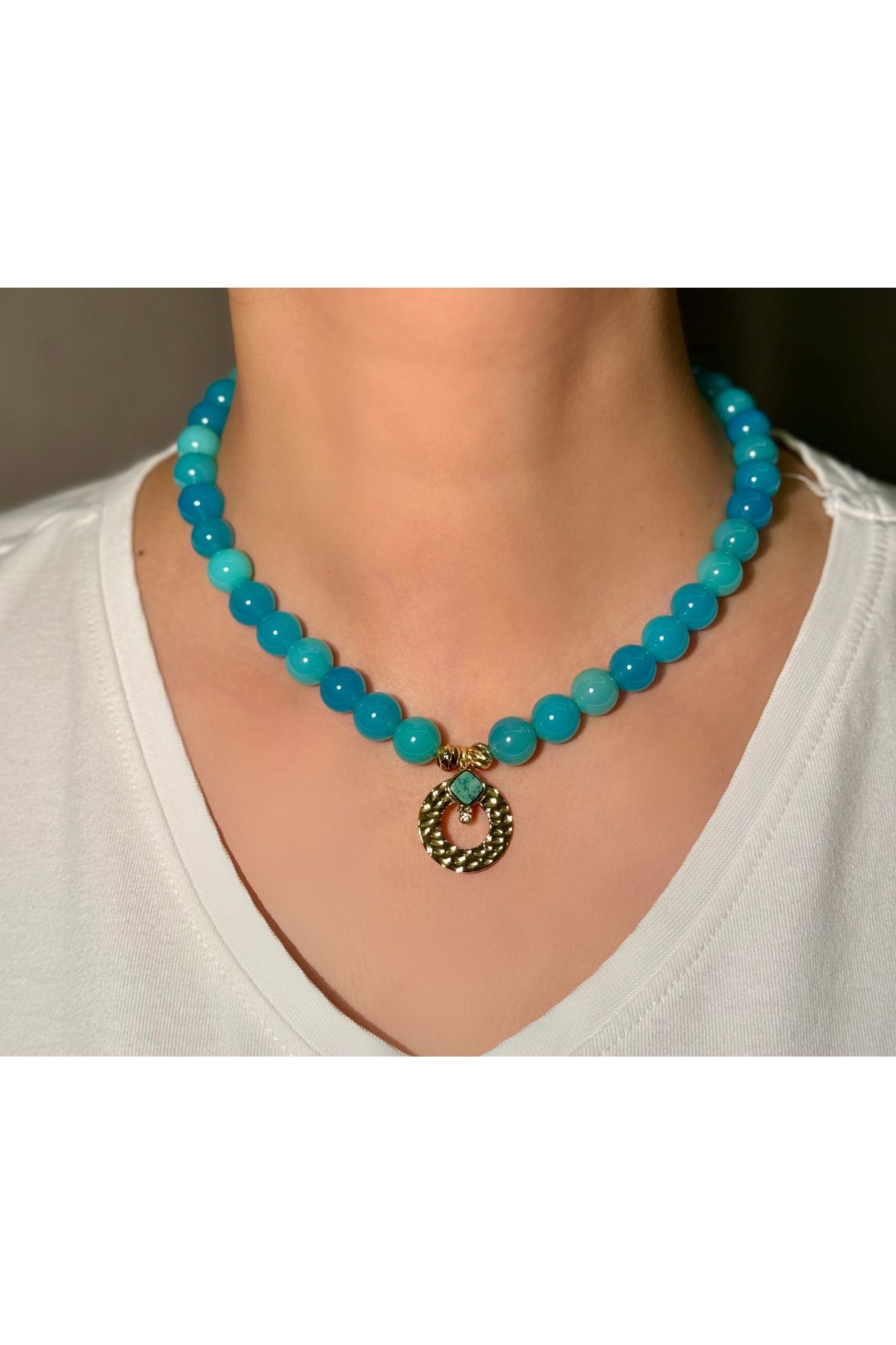 ZİDE AKSESUAR Blue - Mavi akik taşı kolye