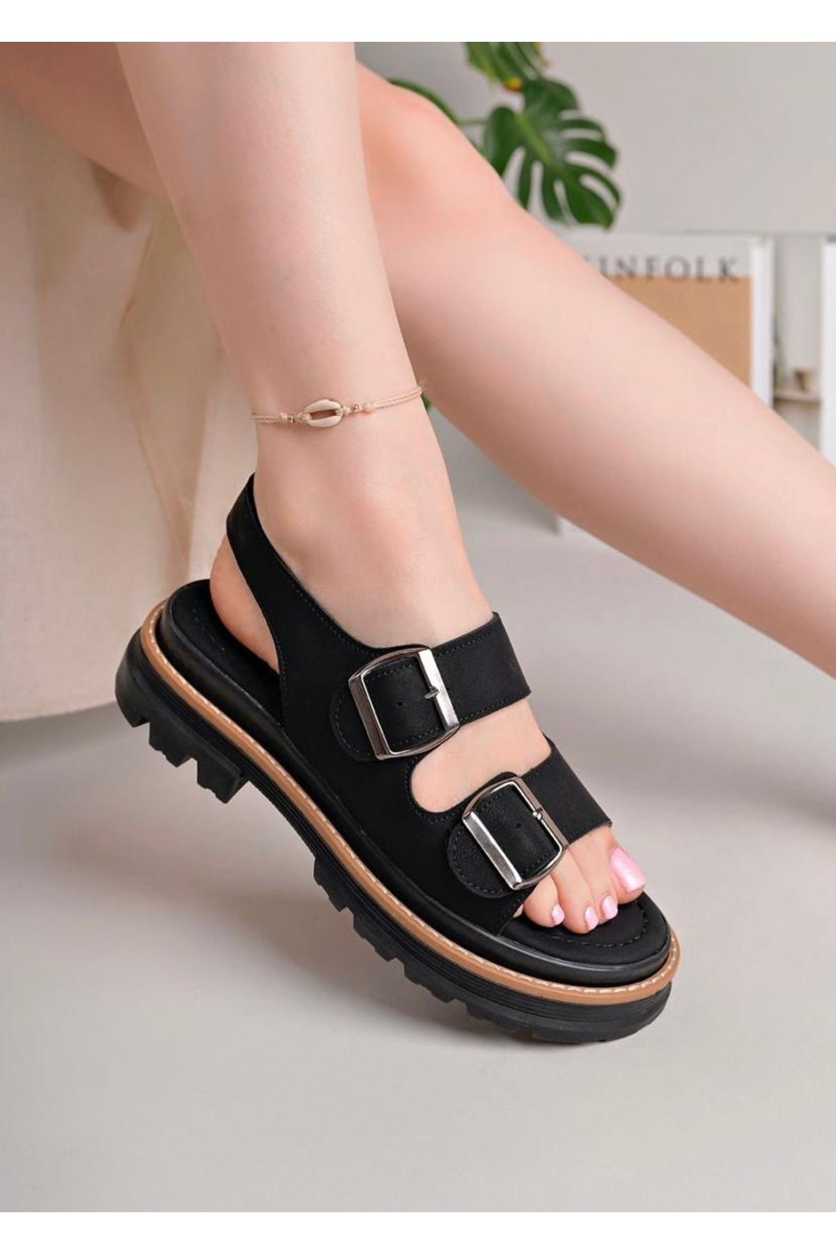 Pier Shoes Store Kadın Günlük Arkası Lastikli Çift Tokalı Sandalet