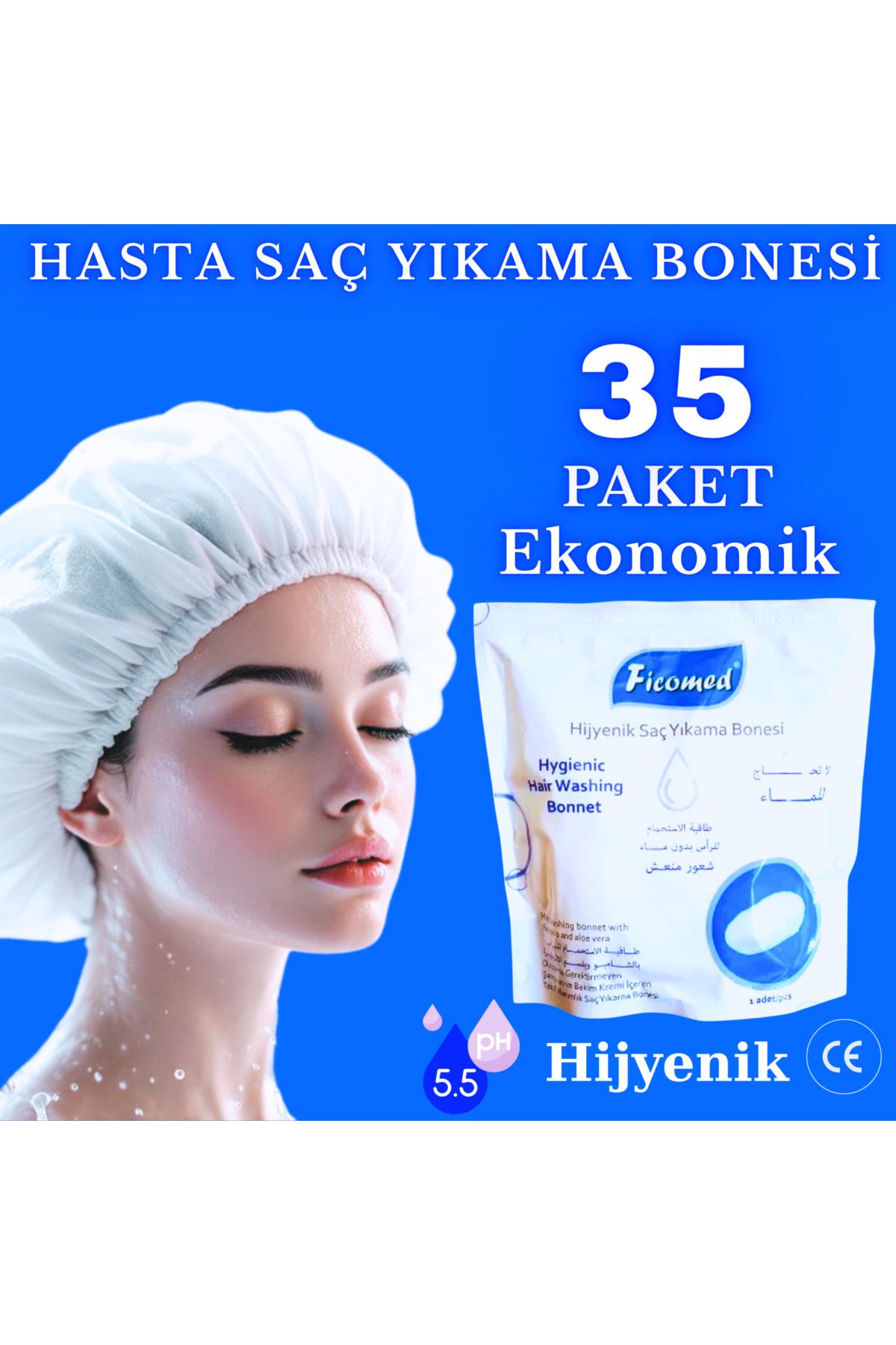 Ficomed Saç Yıkama Bonesi ( 35 PAKET ) Hasta Banyo Temizlik